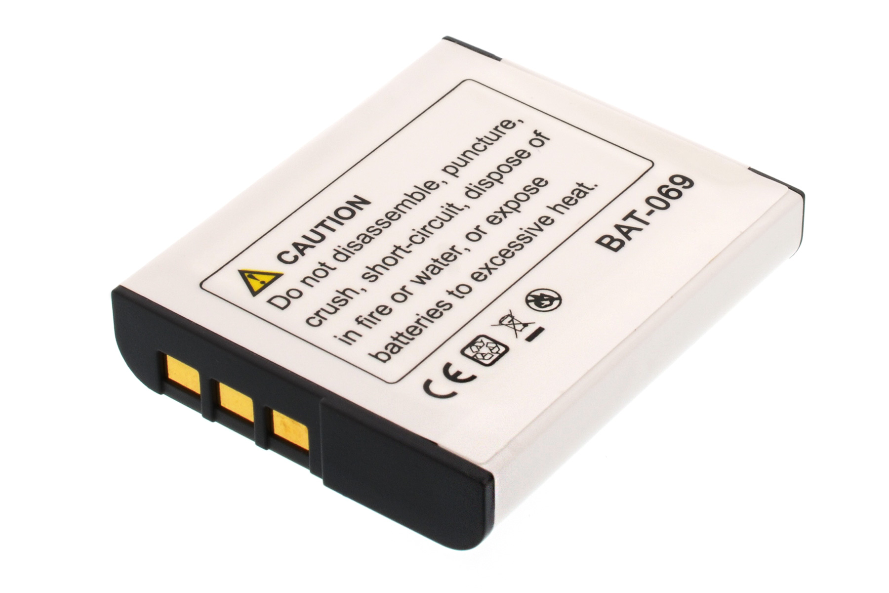 Weiße Batterie mit Text und Warnsymbolen, isoliert auf Weiß.