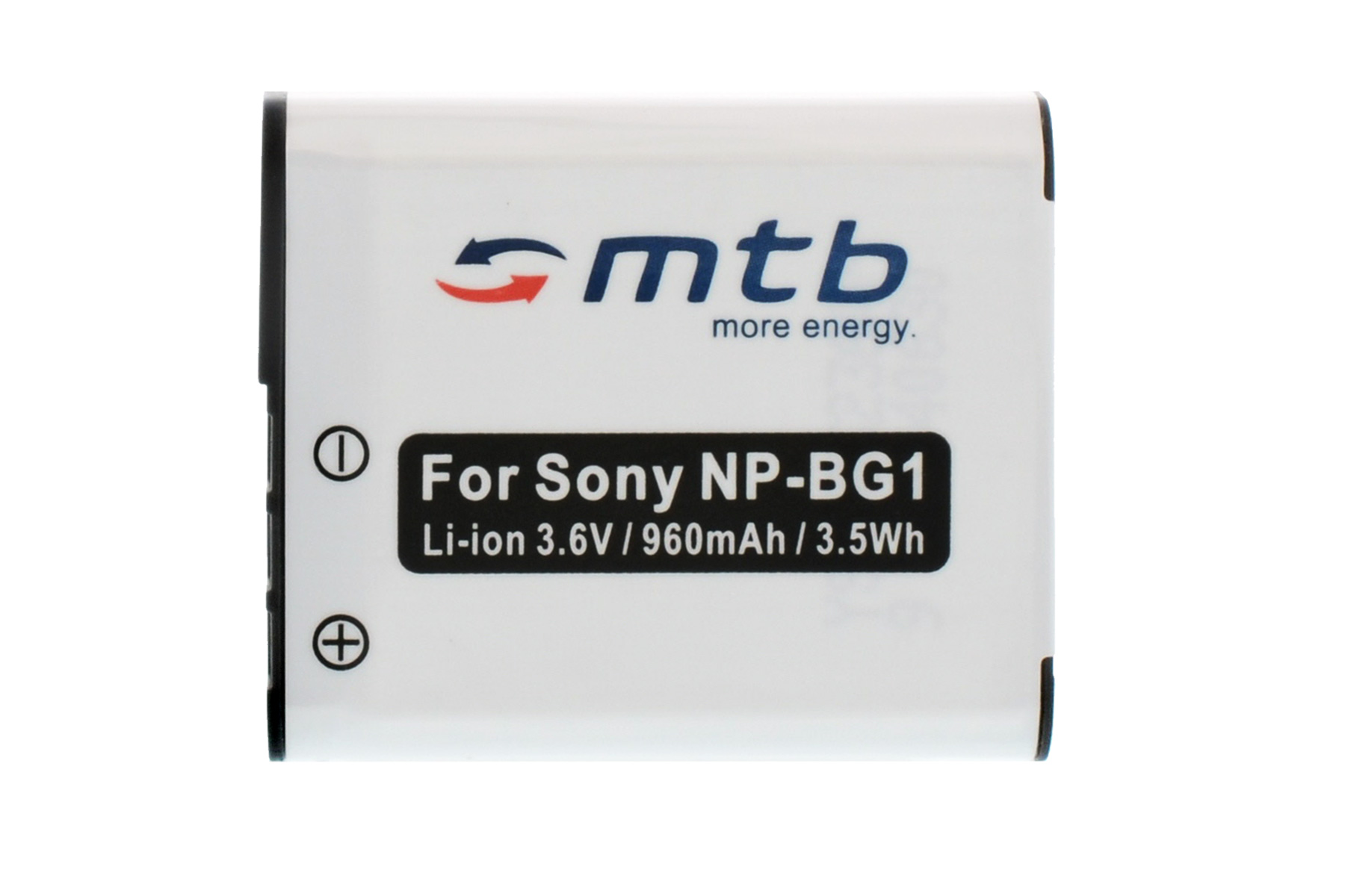 Weiße Batterie mit 'mtb'-Logo, für Sony NP-BG1. Details: 3,6V, 960mAh, 3,5Wh.
