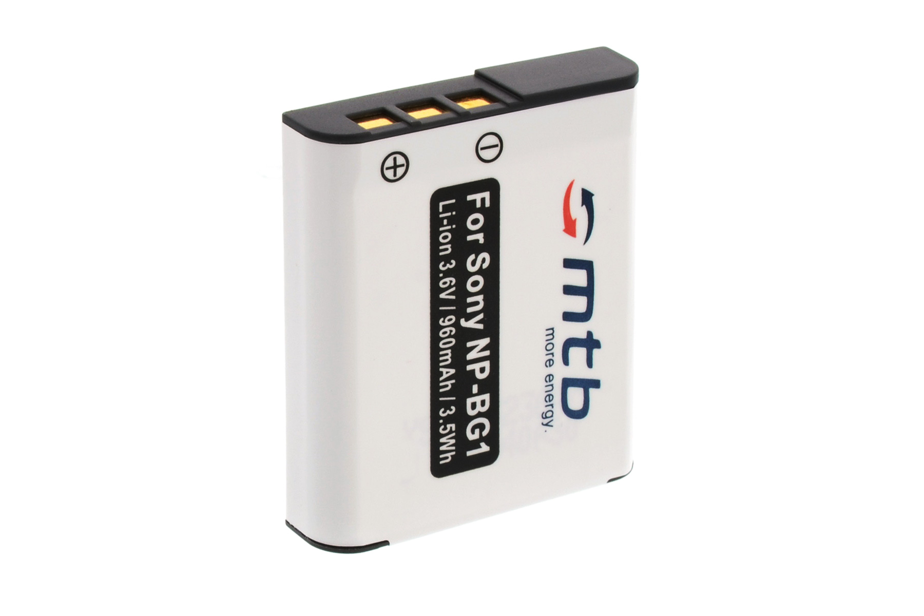 Eine weiße Batterie mit schwarzen Details und Text. Text: Für Sony NP-BG1 Li-Ion 3,6 V/960 mAh.