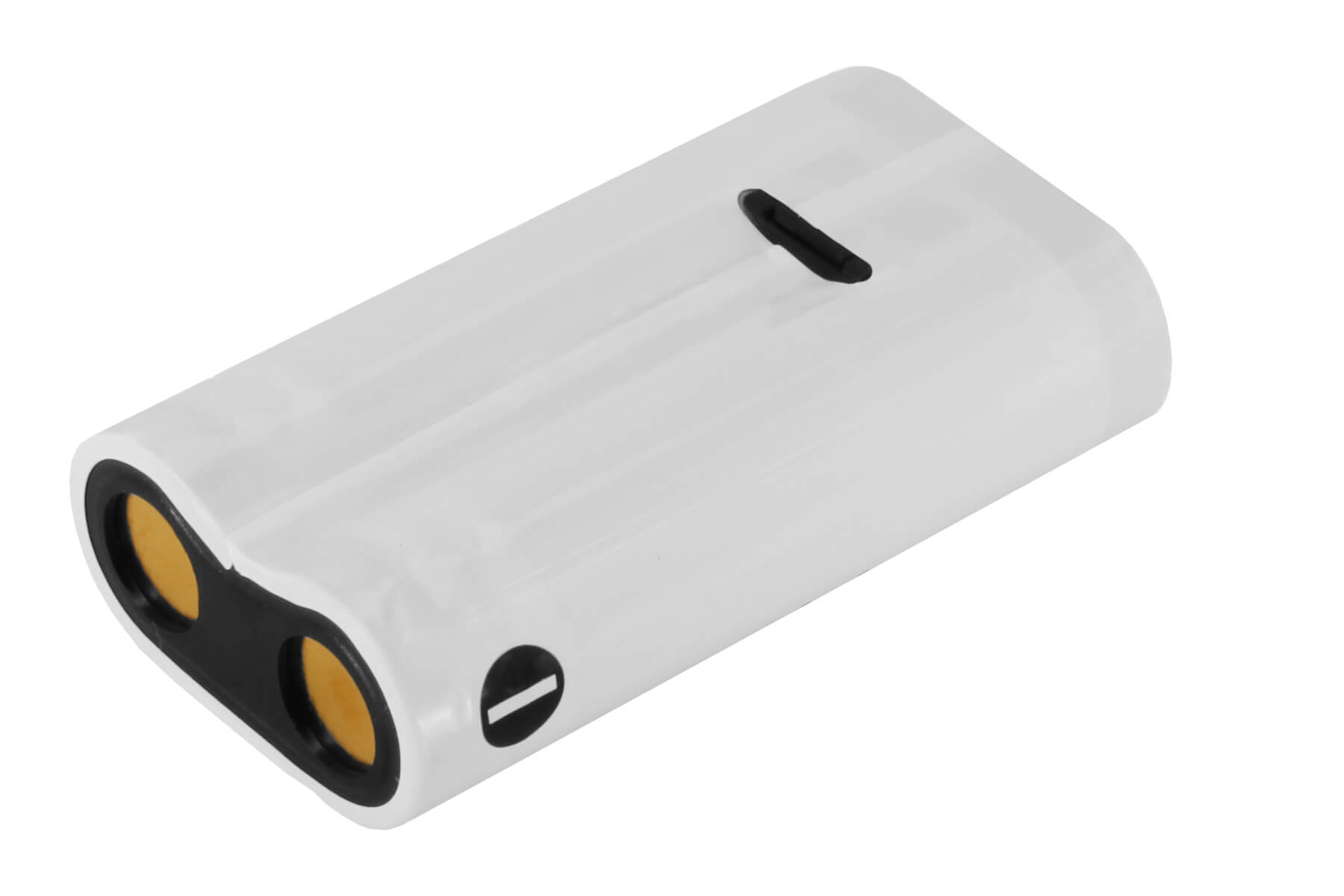 Weiße Kamera-Batterie mit gelben Kontakten. Sie hat einen schwarzen Schlitz oben und ist rechteckig.