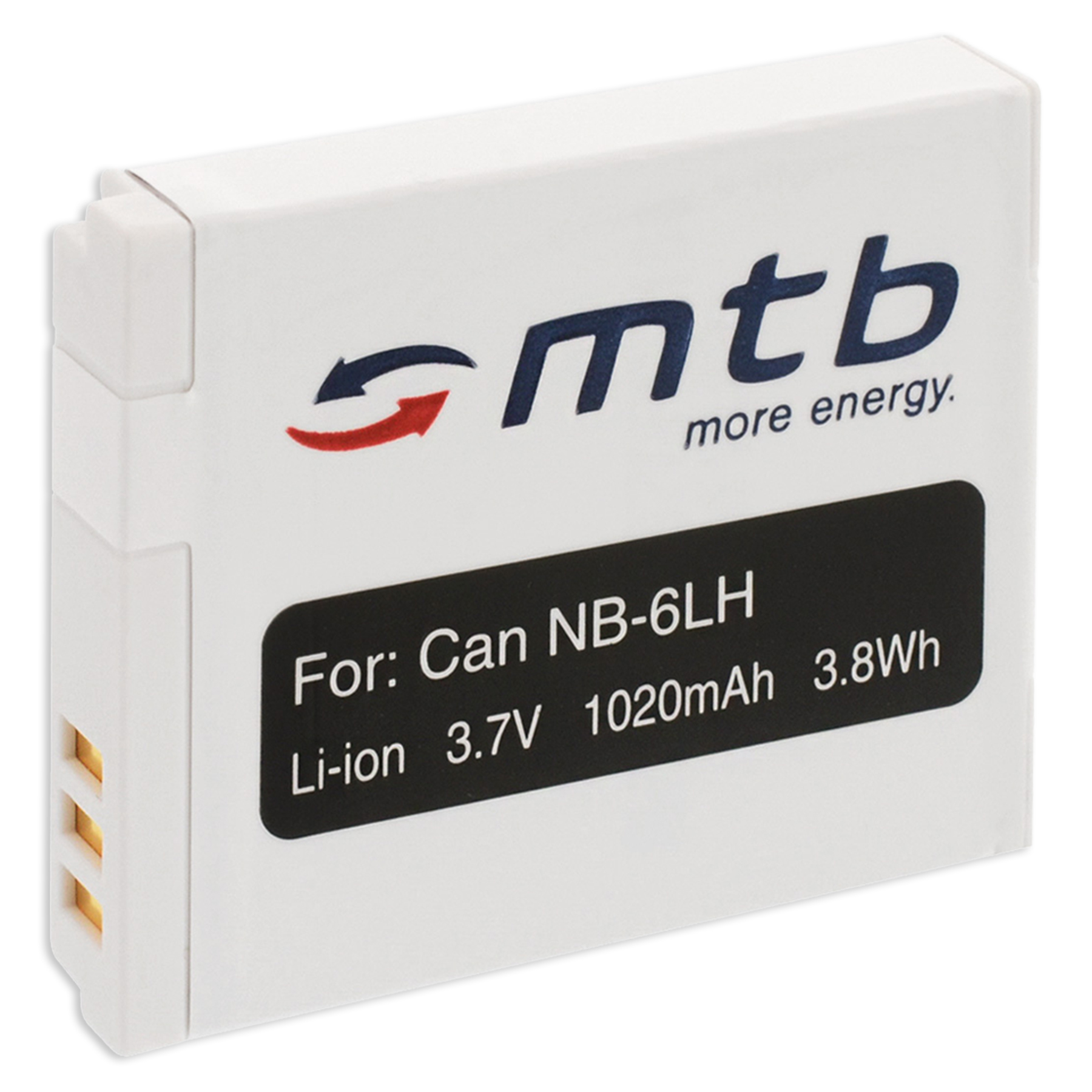 Weiße Batterie mit schwarzem Etikett. Text: Für: Can NB-6LH, Li-Ion und Logo.