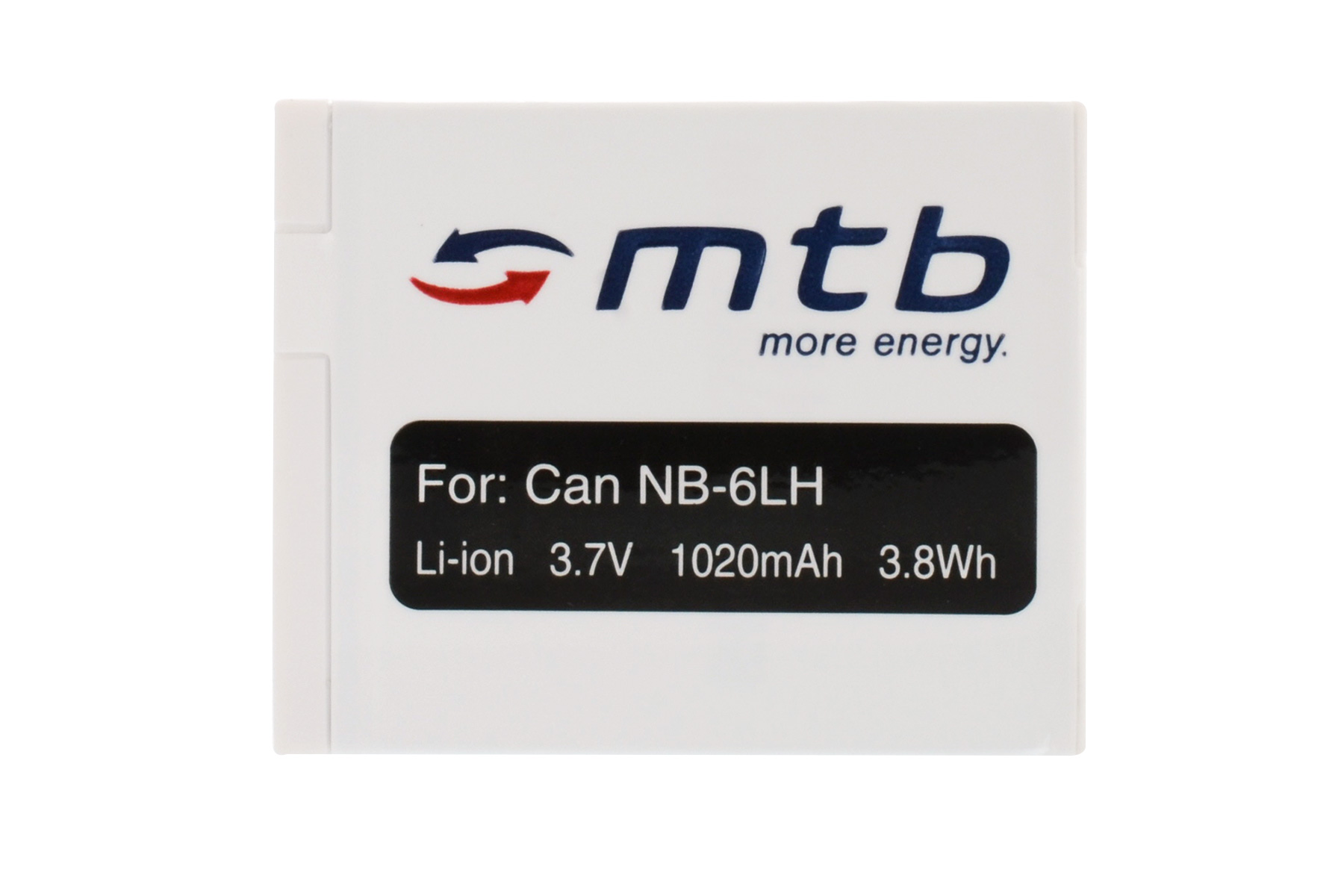 Weißer Akku mit der Aufschrift 'mtb more energy'. Für Can NB-6LH, Li-Ion 3,7V, 1020mAh, 3,8Wh. Schwarzer Text.