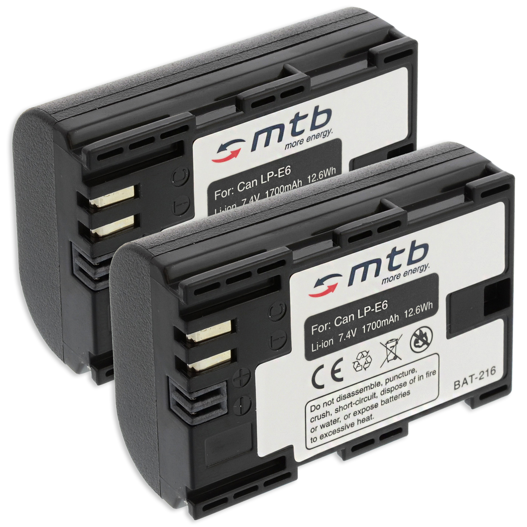 Zwei schwarze MTB-Akkus, Text: Für Can. LP-E6, Li-ion 7,4V/1700mAh. Warnungen.