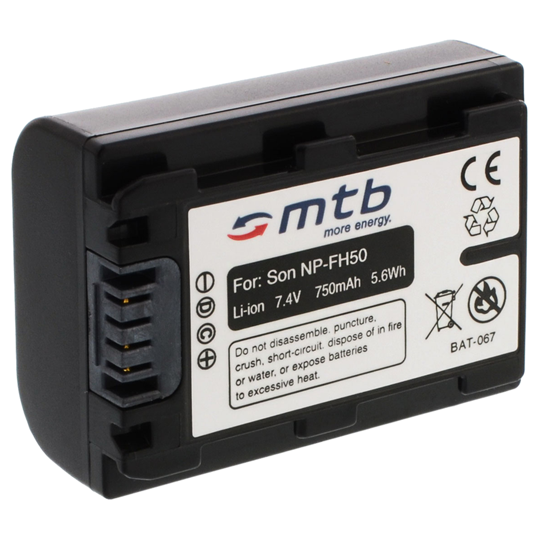 Eine schwarze Batterie mit weißem Etikett und Text. Die Marke ist 'mtb', der Text auf dem Etikett ist weiß.