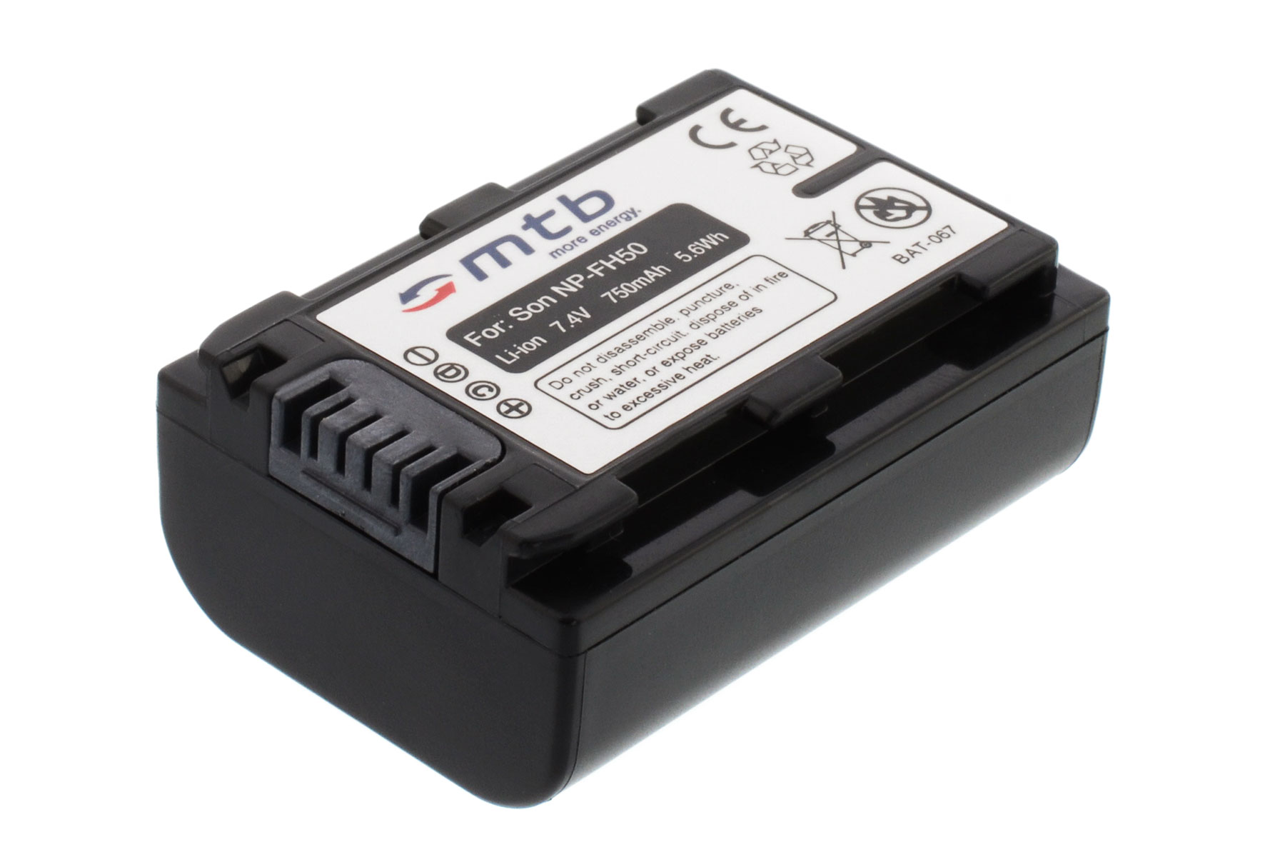 Schwarzer Akku mit weißem Etikett. Etiketttext: 'Für Son NP-FH50. Li-ion 7.4V 750mAh 5.6Wh'.
