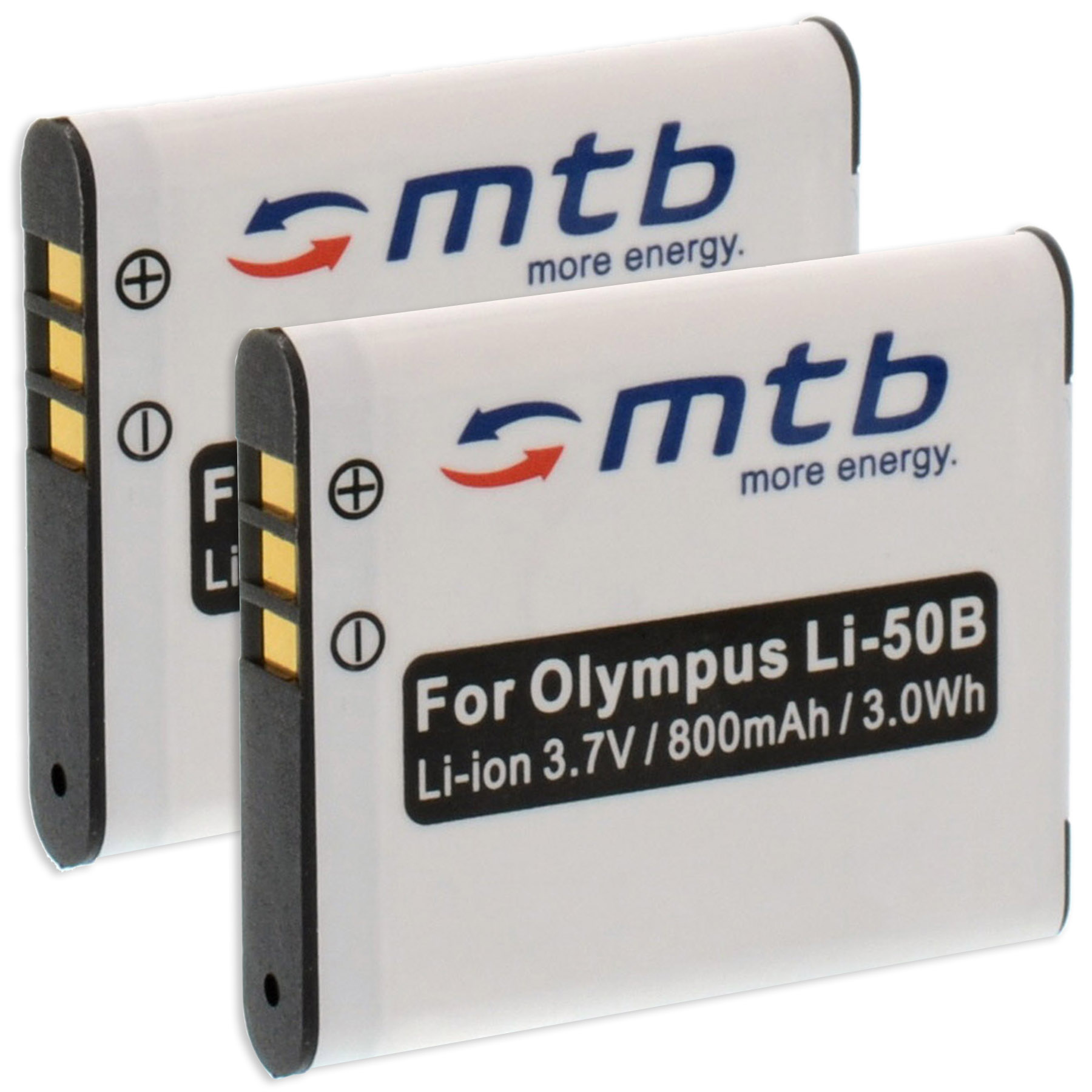 Zwei weiße Akkus mit Etiketten mit der Aufschrift 'mtb more energy' und 'For Olympus Li-50B'.