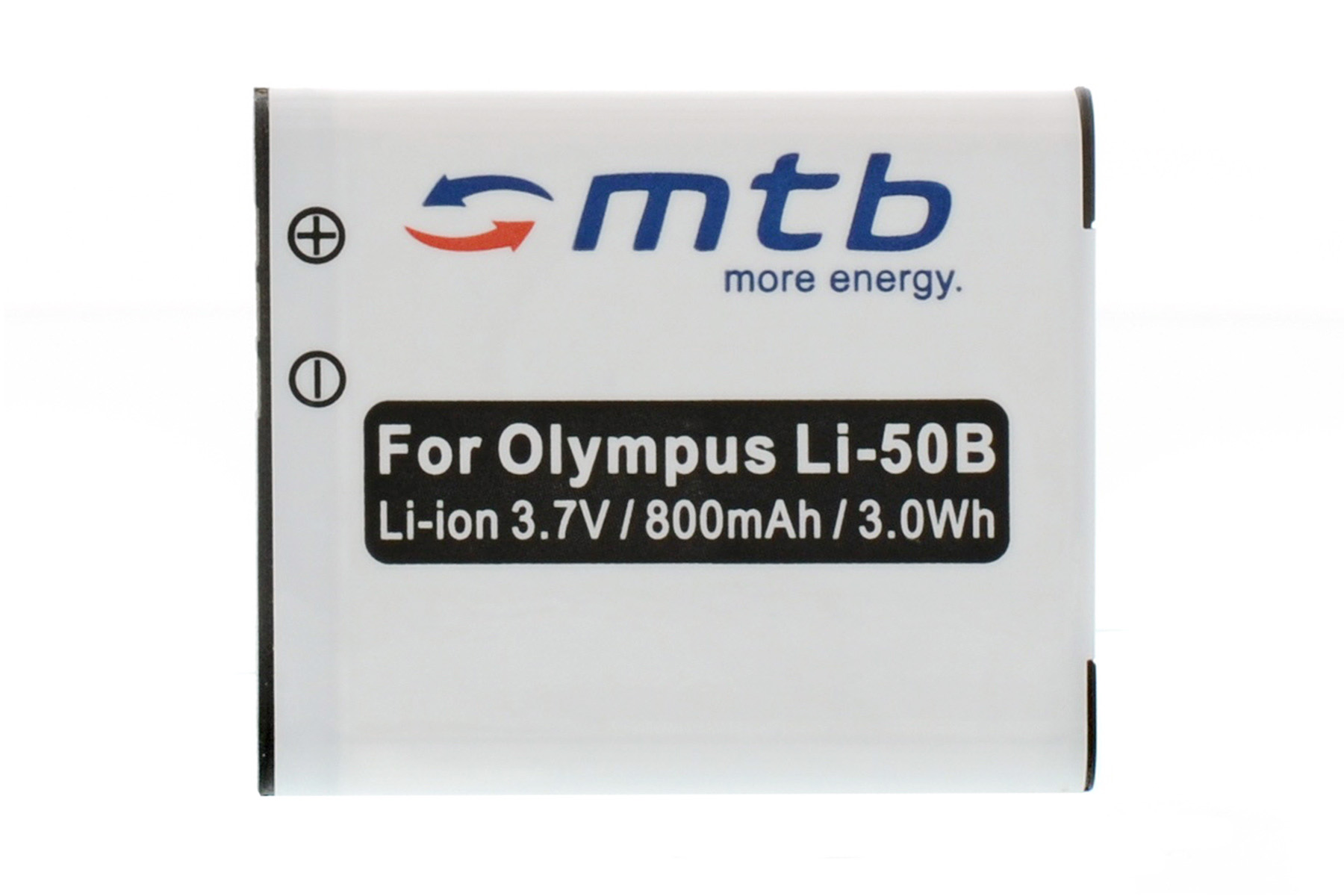 Eine weiße Batterie mit schwarzem Text und Logo, vor weißem Hintergrund.