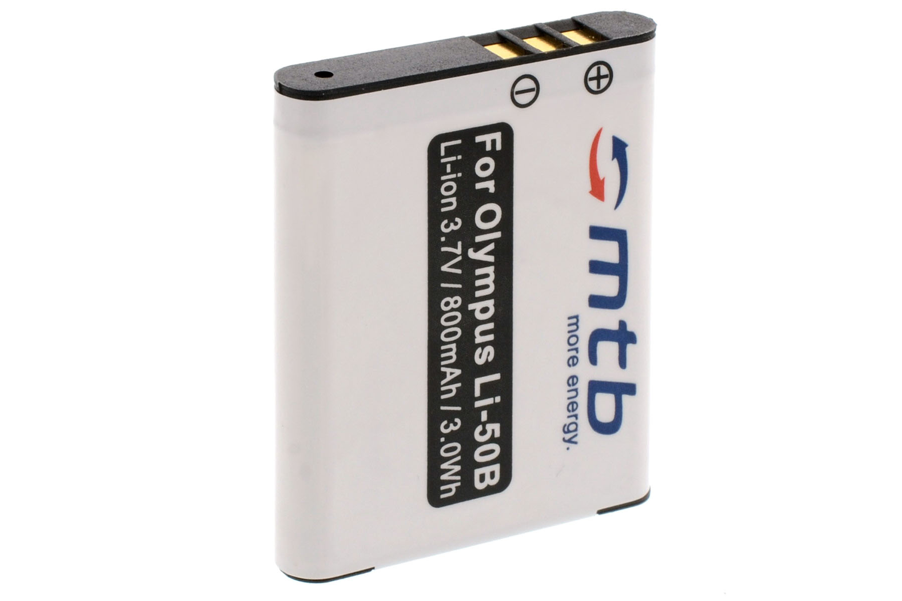 Weiße Batterie mit Aufschrift: Olympus Li-50B, mtb Logo.