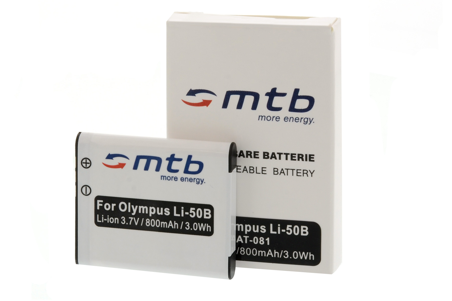 Weiße Schachtel und Akku mit 'mtb'-Logo und Text 'For Olympus Li-50B'.