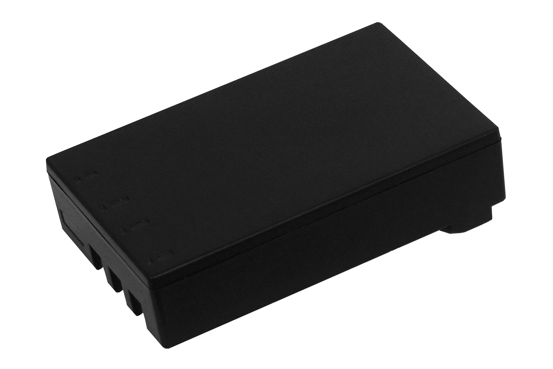 Ein schwarzer, rechteckiger Akku mit einfachem Design. Die Batterie hat ein mattes Finish.
