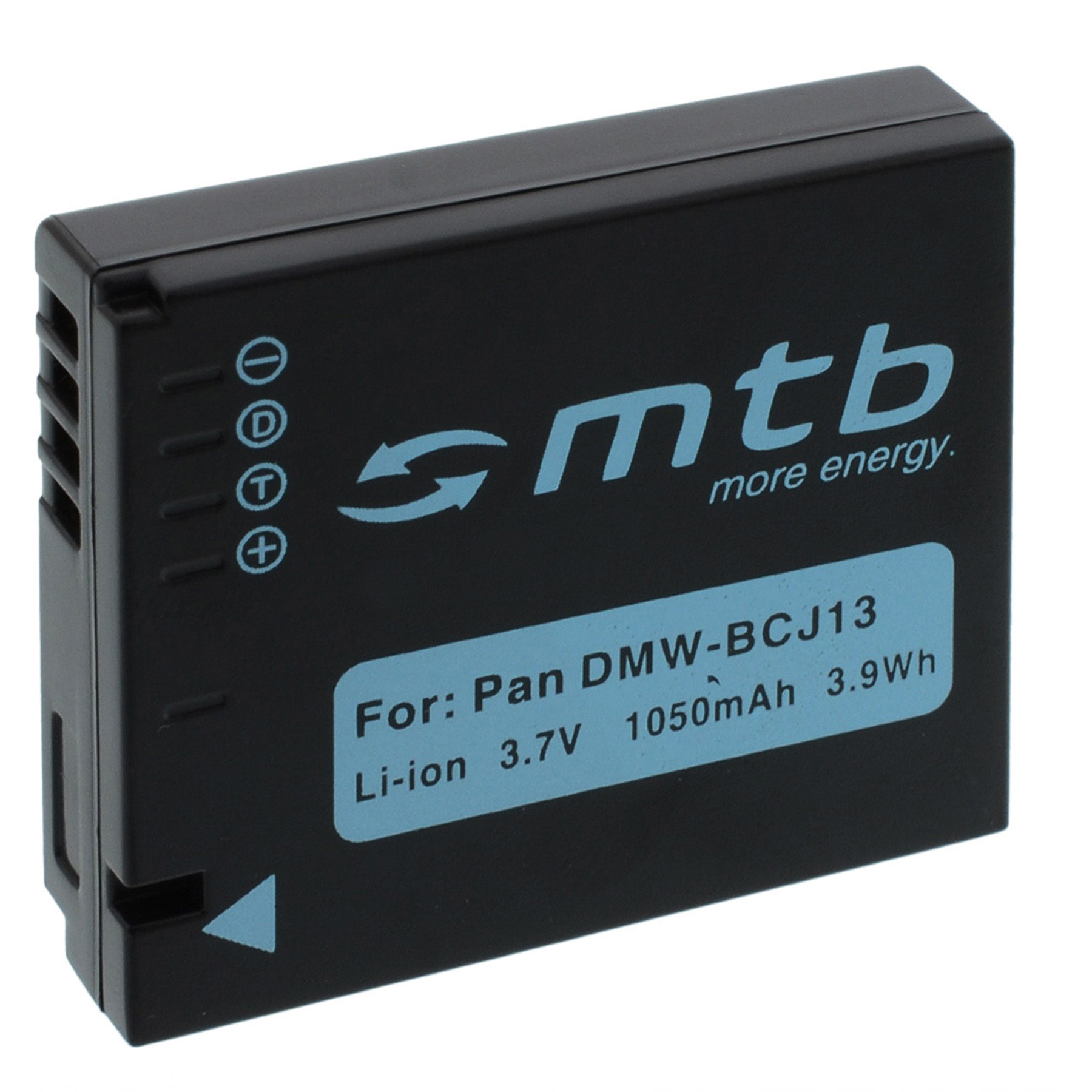 Schwarzer Akku mit der Aufschrift "mtb", "For: Pan DMW-BCJ13", 3,7V Li-Ion, 1050mAh, 3,9Wh.