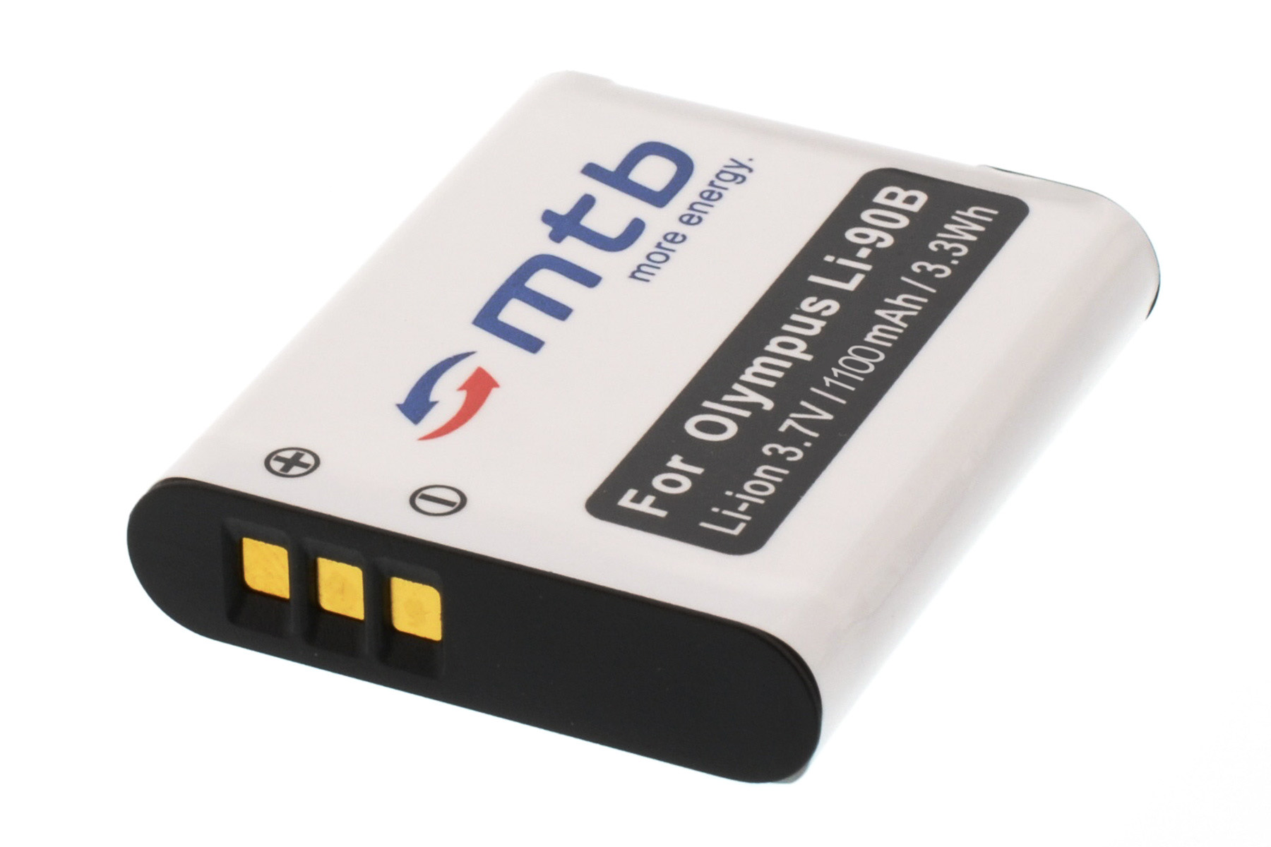 Eine weiße und schwarze Batterie mit einem Etikett mit der Aufschrift 'For Olympus Li-90B'. Es hat drei goldfarbene Kontakte.