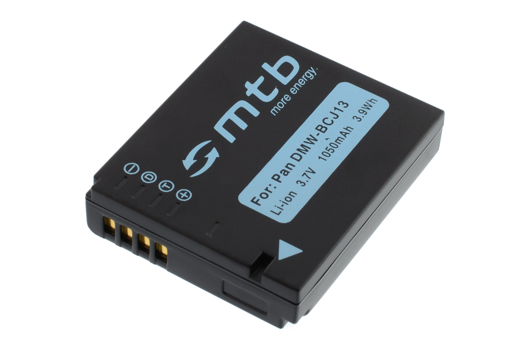 Eine schwarze Batterie mit weißem Text und Logo.