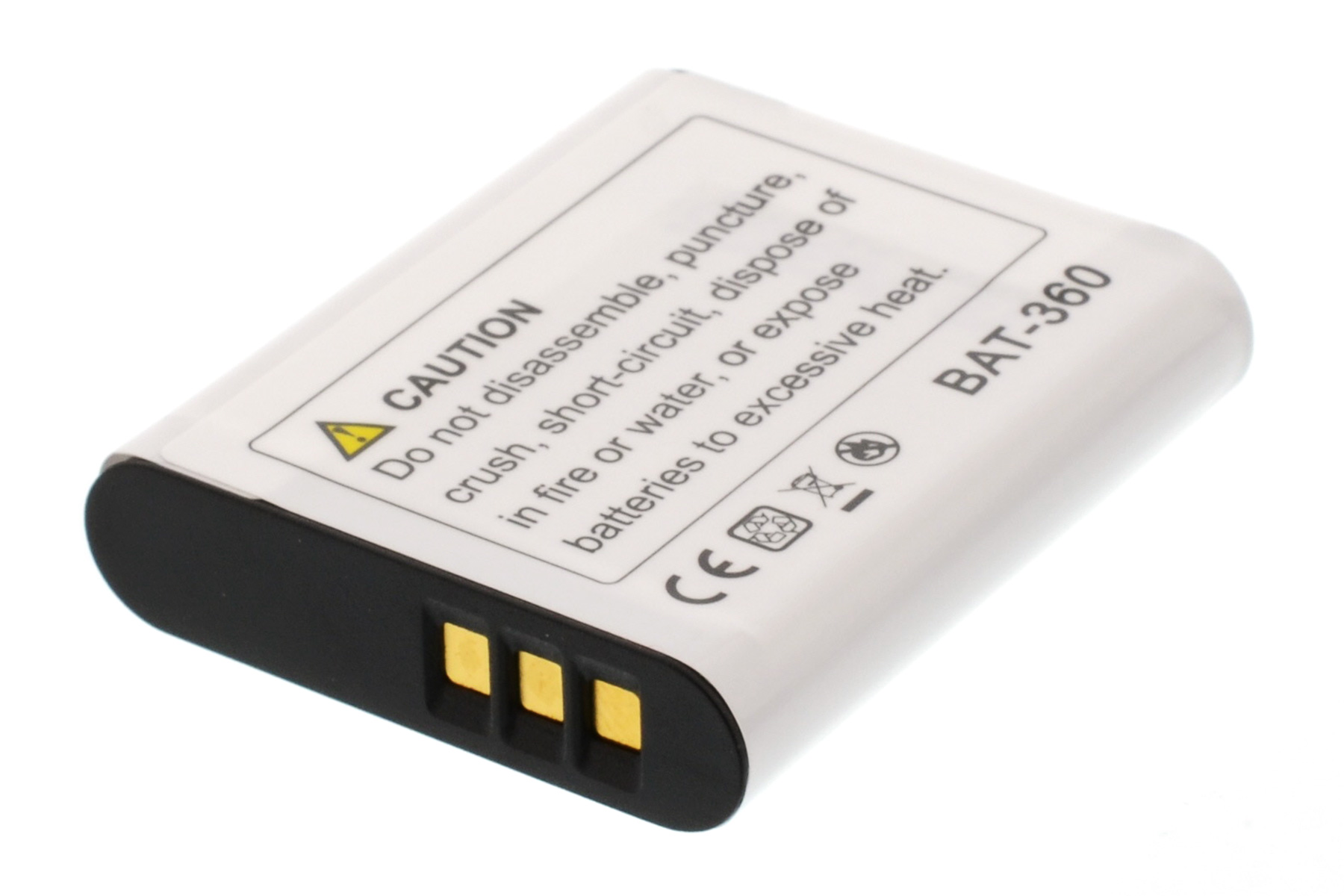 Weiße Batterie mit schwarzem Text und drei goldenen Anschlüssen. Enthält Vorsichtshinweise.