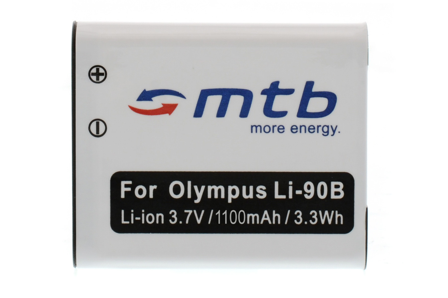 Weißer Akku mit dem MTB-Logo. Es steht 'For Olympus Li-90B' und hat Batterieinformationen.