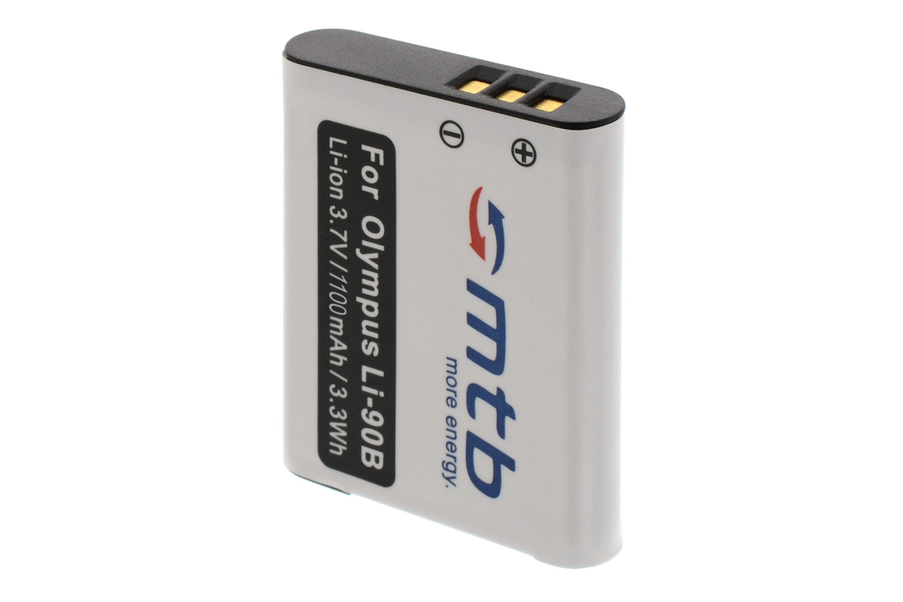 Weißer Akku mit Aufschrift 'For Olympus Li-90B Li-ion 3.7V/1100mAh/3.3Wh' und dem MTB-Logo.