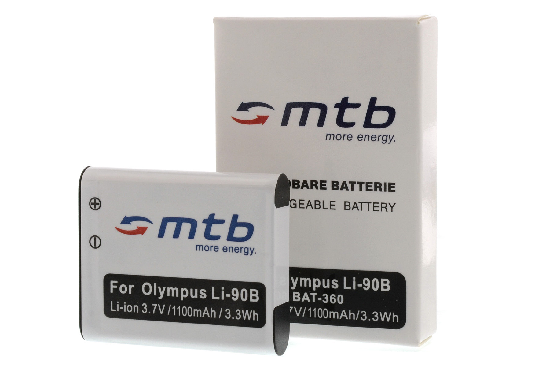 Zwei weiße Batterien mit Logos und Text, eine mit einer Schachtel mit der Aufschrift 'Wiederaufladbare Batterie'.