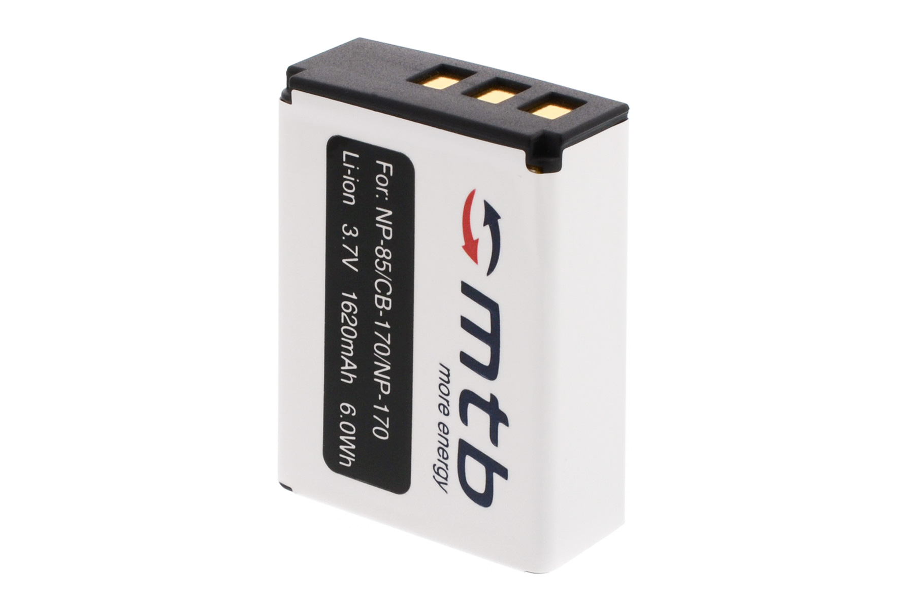 Eine weiß-schwarze Batterie mit der Aufschrift 'mtb more energy'. Text weist auf eine Kamera und spezifische Spannung hin.