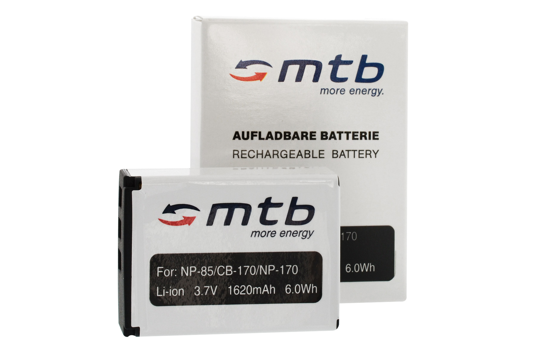 Batterie mit weißer Box. Batterietext: Für NP-85/CB-170/NP-170, Li-ion 3,7V 1620mAh 6,0Wh. mtb more energy.