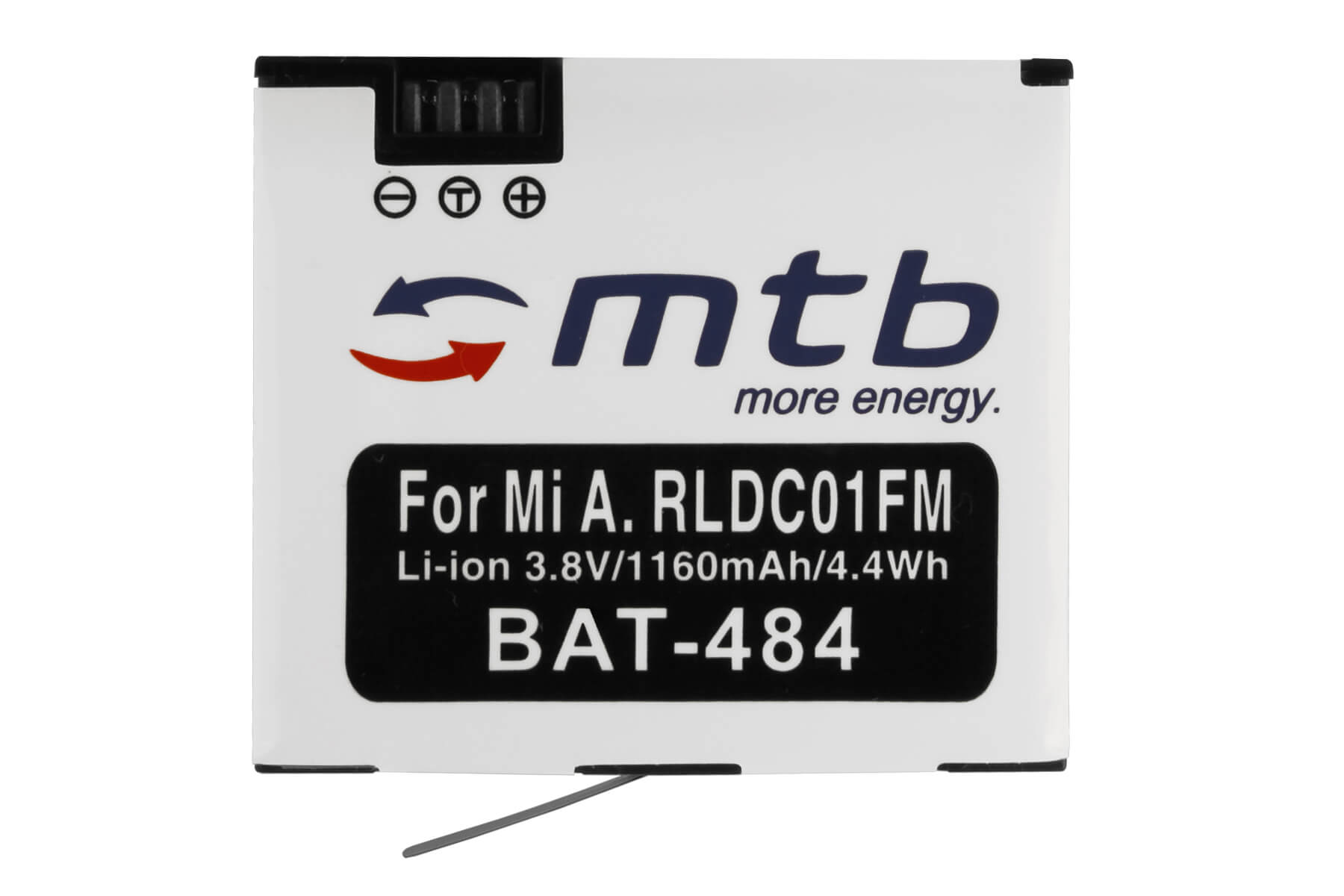 Weiße Batterie mit schwarzem Text und einem Logo, isoliert auf Weiß.