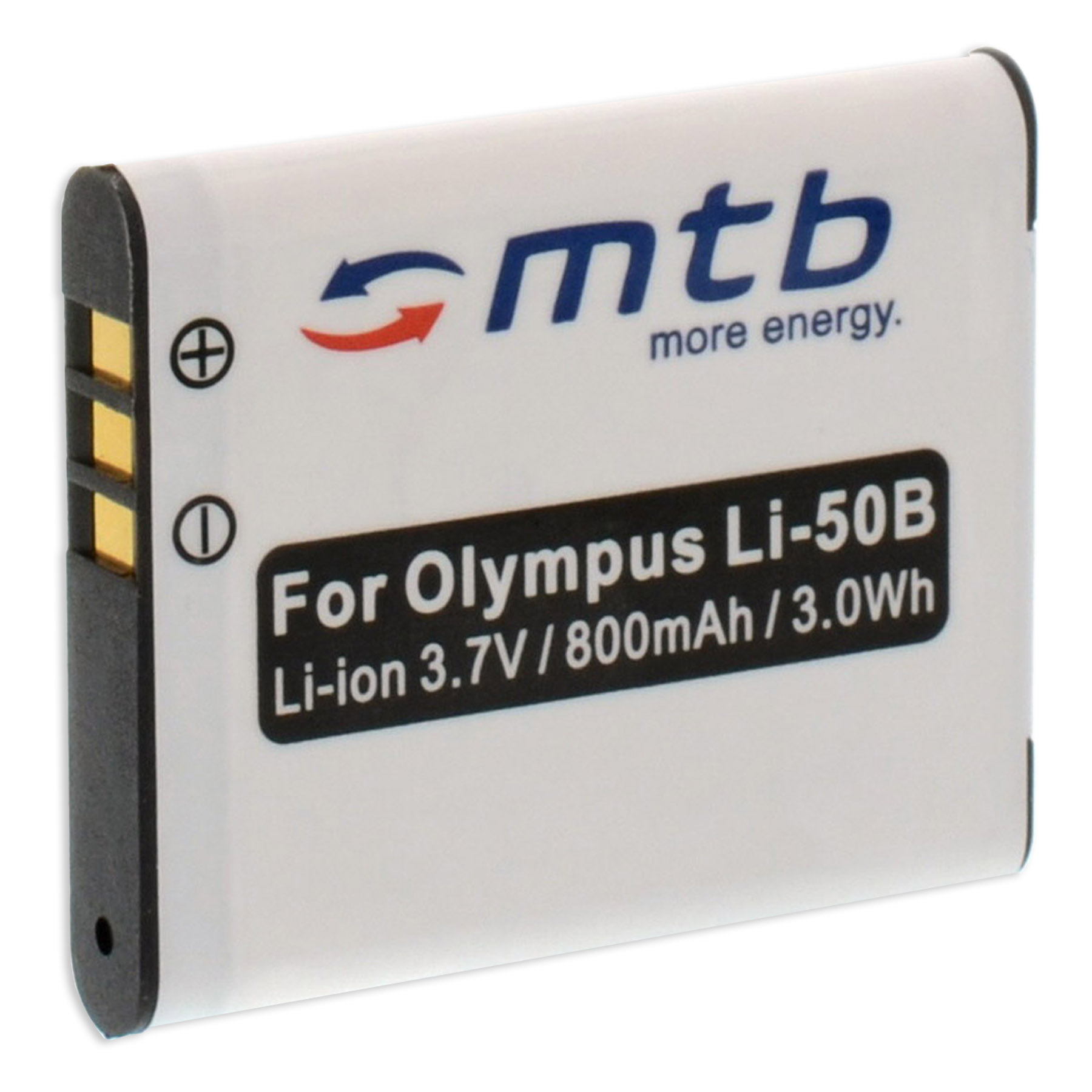 Weiße Batterie für Olympus-Kamera mit schwarzen und goldenen Details und Text. Die Marke ist mtb.