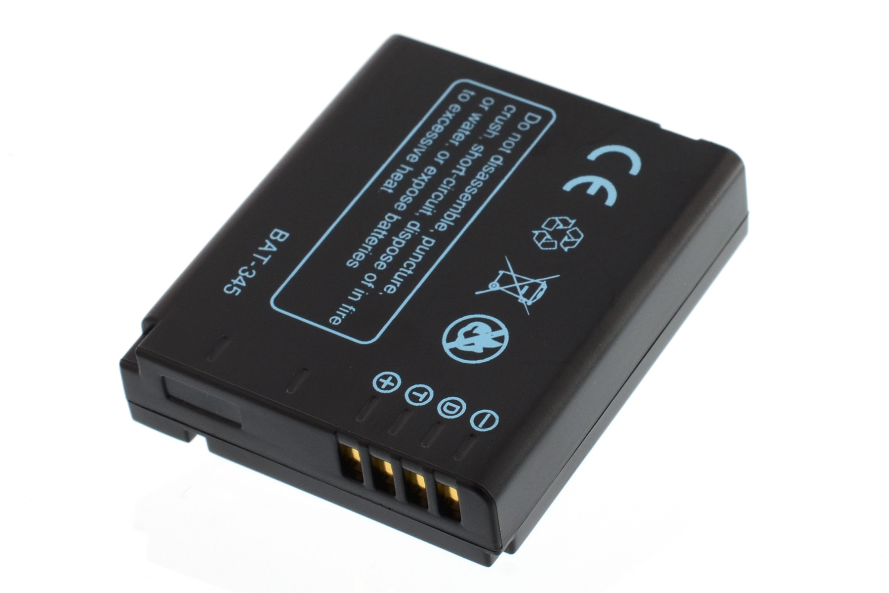 Schwarze Batterie. Text sagt 'BAT-345'. Zeigt auch Warntext und Batterieanschlüsse.
