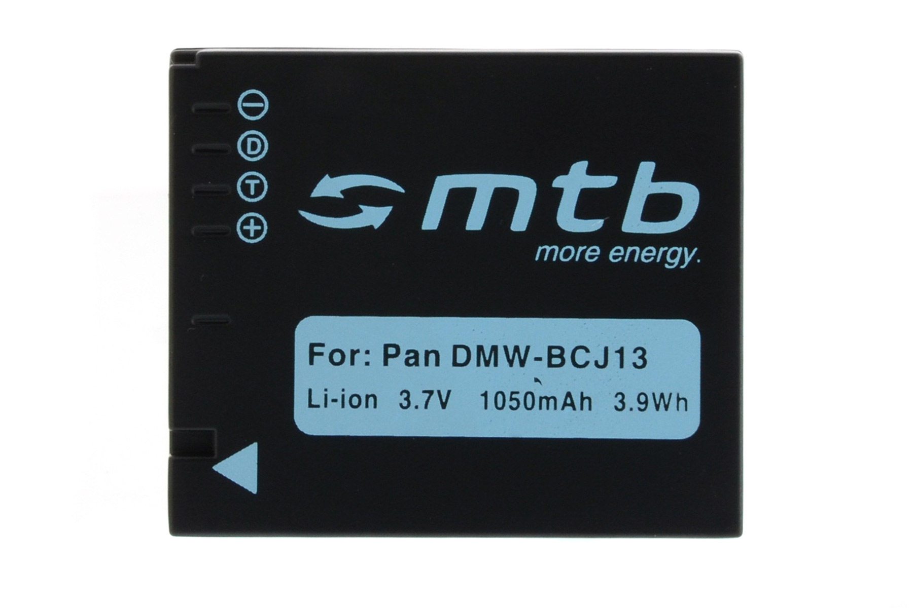 Schwarze Kamera-Batterie mit weißem Text und Symbolen.