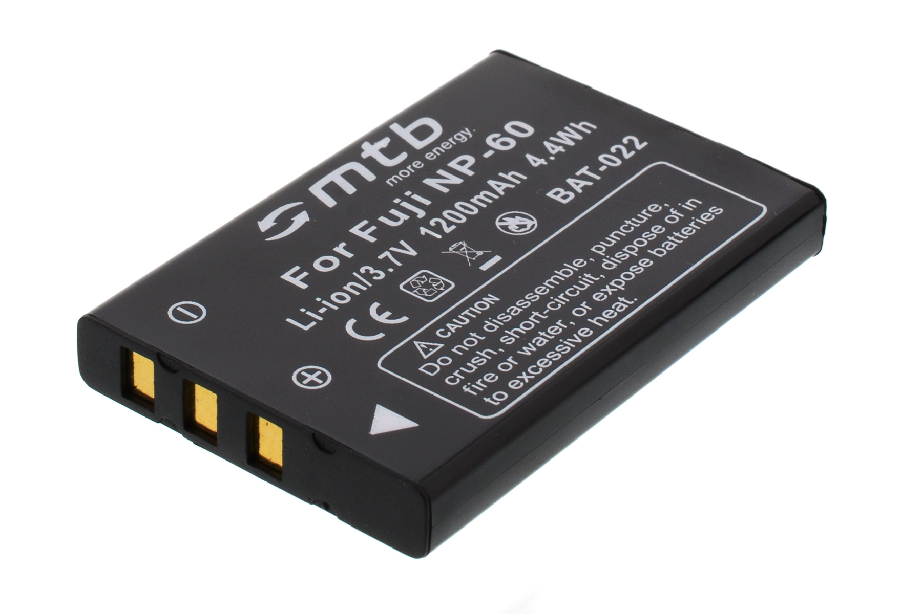 Schwarze Batterie mit weißem Text 'For Fuji NP-60' und Symbolen. Achtungstext darauf.