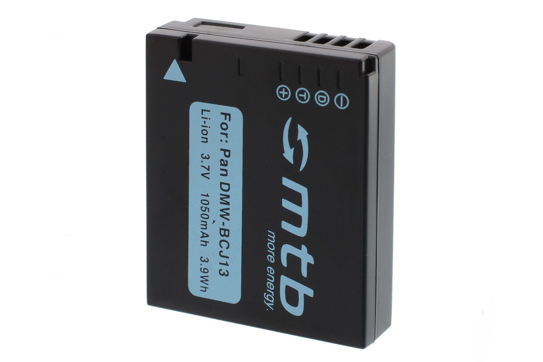 Eine schwarze Batterie mit Text. Text: Für: Pan DMW-BCJ13 Li-Ion 3,7 V 1050 mAh 3,9 Wh.