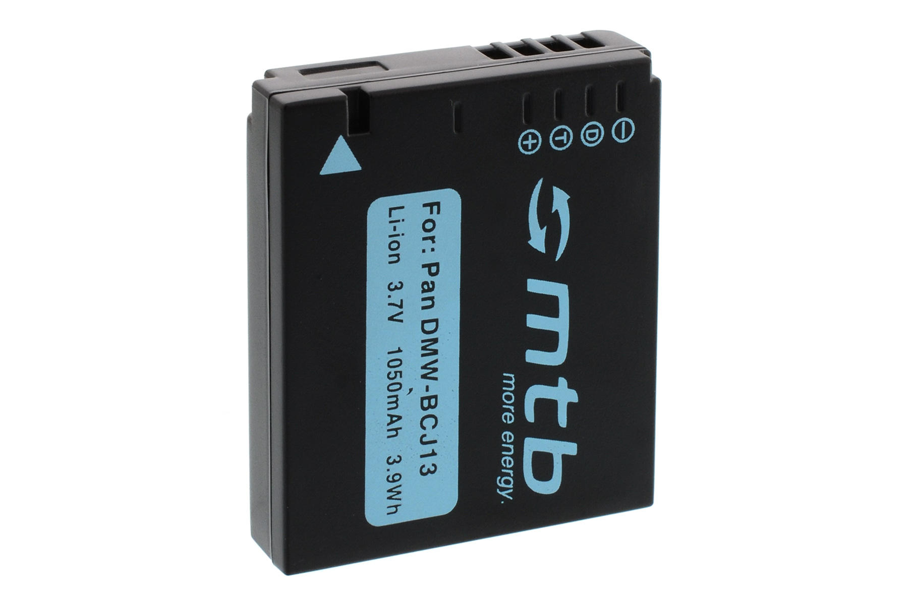 Schwarze Batterie mit weißem Etikett, "mtb more energy" und Text: For Pan DMW-BCJ13.