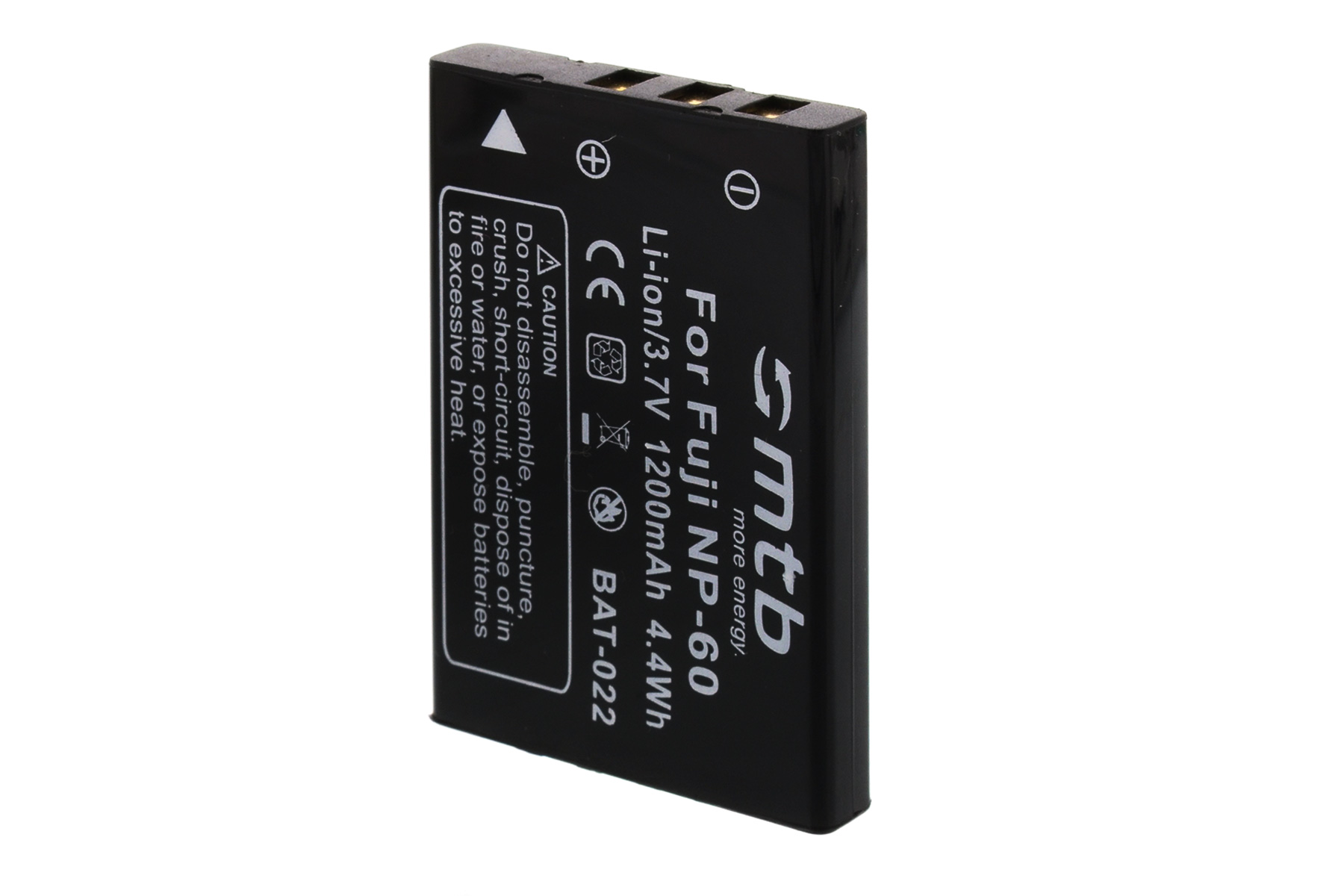 Schwarzer Akku für Fuji NP-60 mit Text und Warnhinweisen auf weißem Hintergrund.