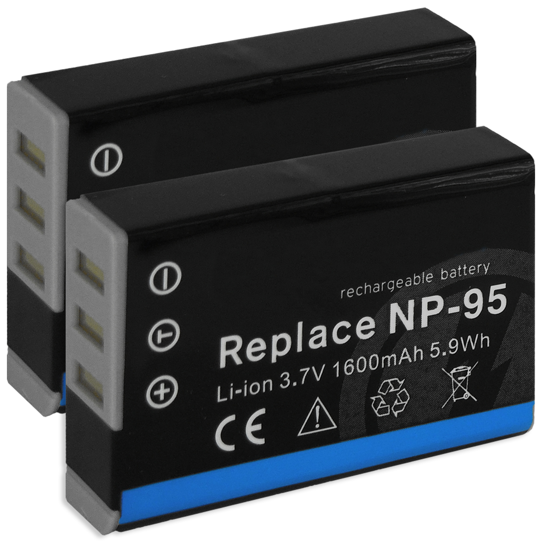 Zwei schwarze Batterien mit weißen Etiketten und grauem Rand.