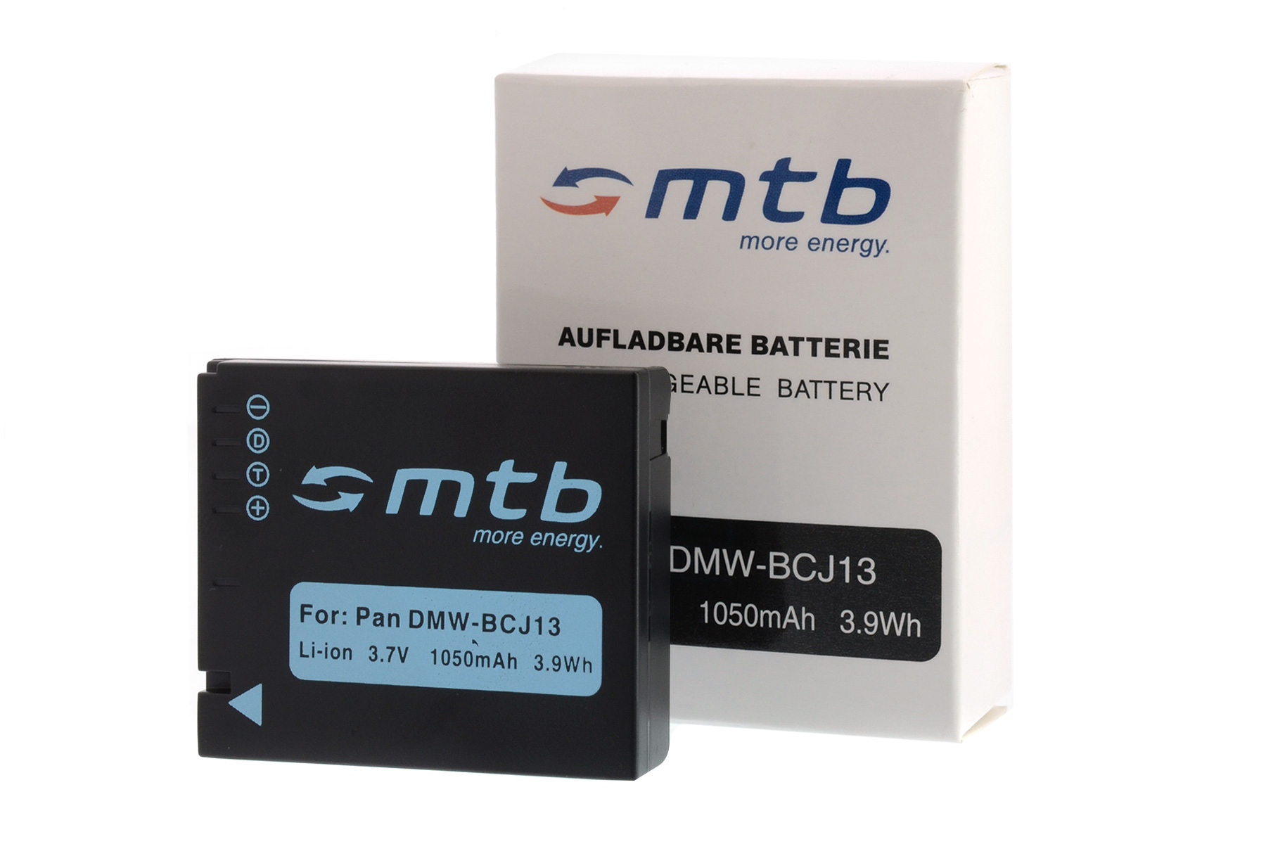 Schwarze Batterie mit weißer Box, freigestellt vor weißem Hintergrund mit Text.