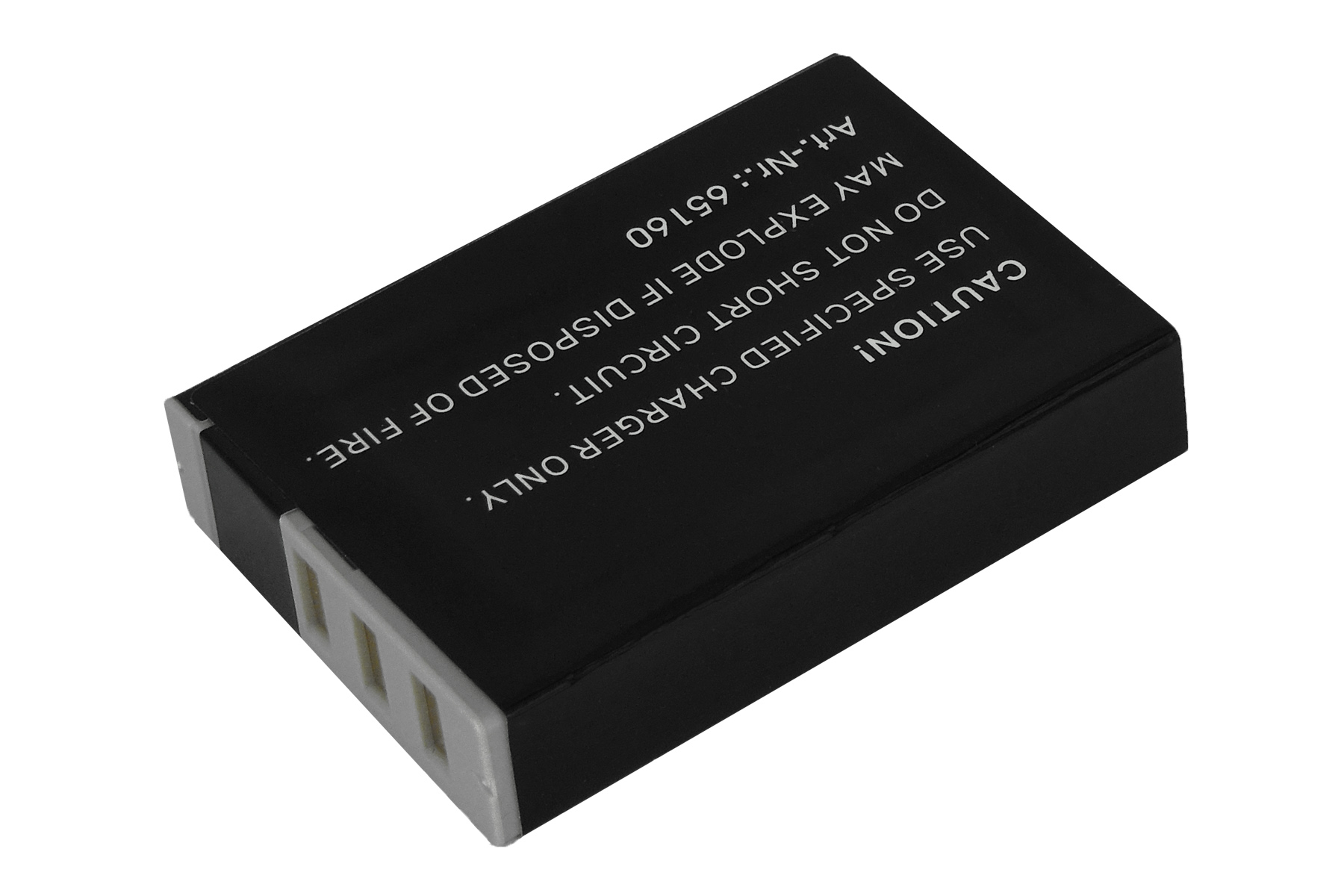 Eine schwarze, rechteckige Batterie mit weißen Textwarnungen und Etiketten.