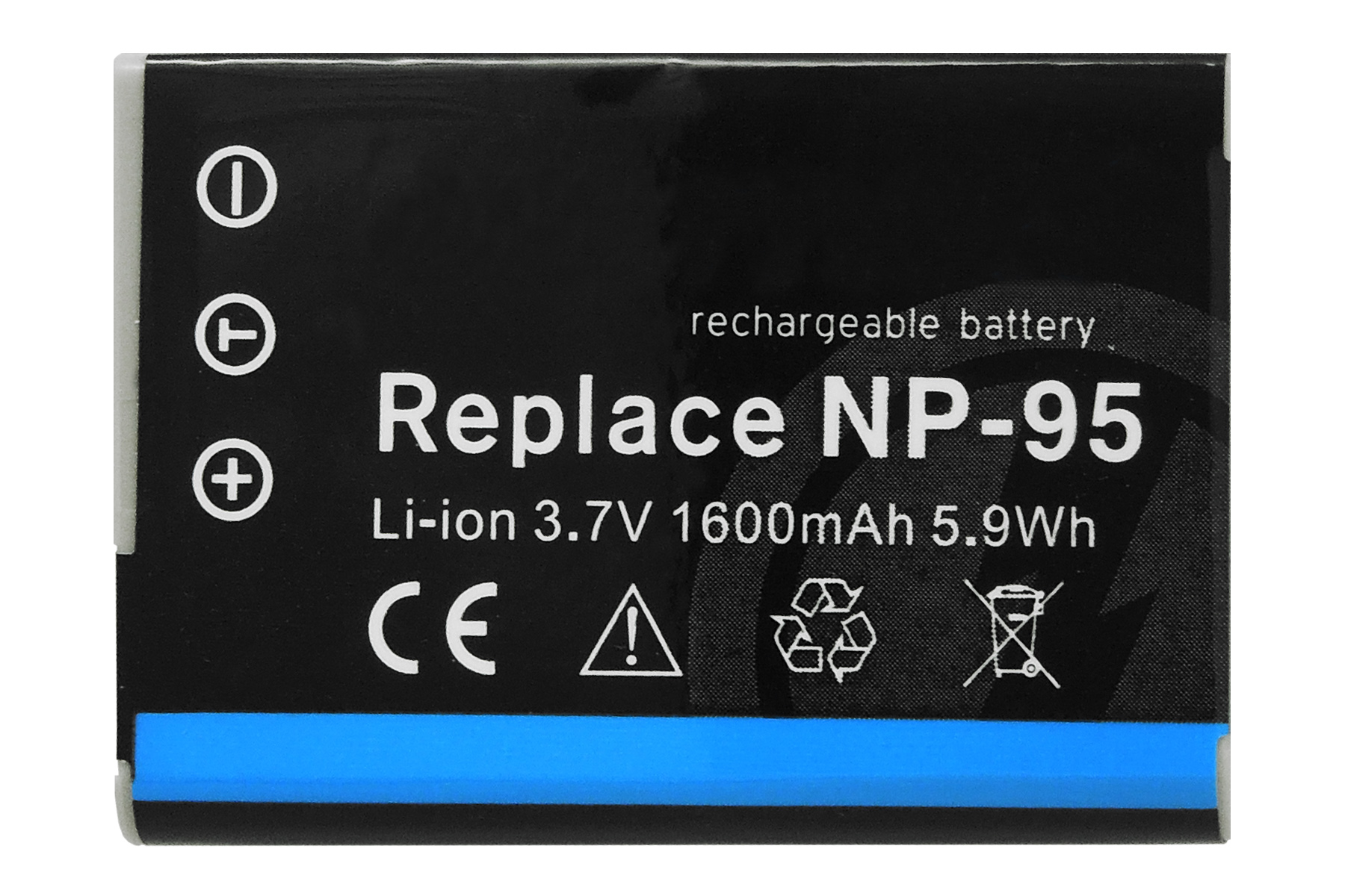 Schwarze Batterie mit weißem Text, der besagt, dass es sich um eine wiederaufladbare 3,7 V Li-Ion-Batterie handelt.