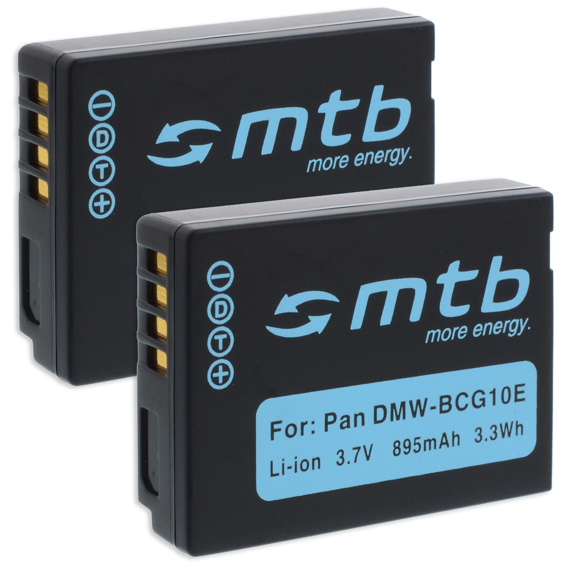 Zwei schwarze Batterien mit weißen Etiketten. Die Marke ist 'mtb' und der Text auf dem Etikett ist weiß.