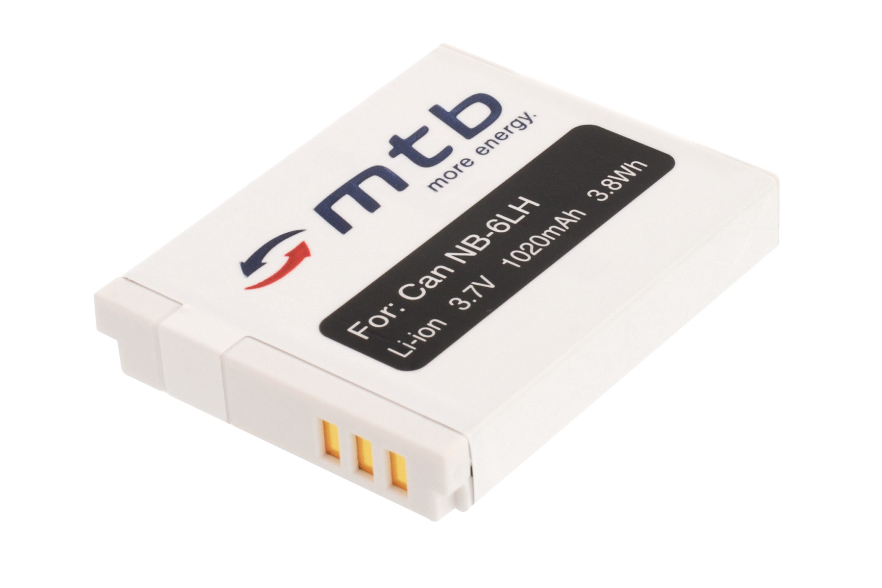 Weiße Kamera-Batterie mit schwarzem Text. Auf dem Etikett steht: For Can NB-6LH, Li-ion 3.7V 1020mAh 3.8Wh.