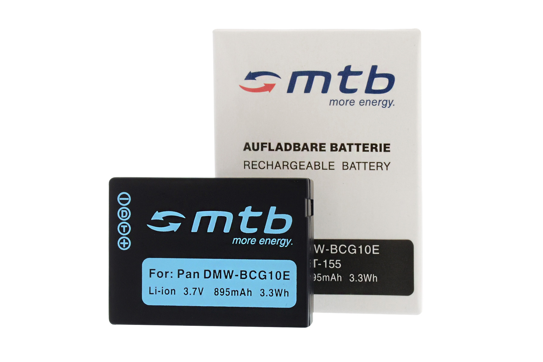 Schwarzer Akku und weiße Box. 'mtb'-Logo und Text 'wiederaufladbarer Akku'. Akkutext: 'For: Pan DMW-BCG10E Li-ion'.