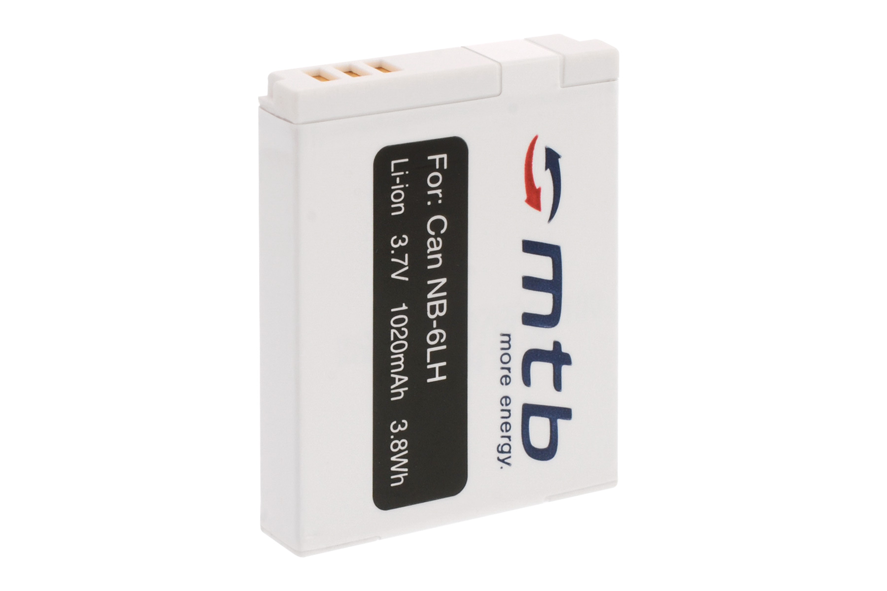 Weiße Kamera-Batterie mit schwarzem Text und rotem Pfeil rechts. Der Hintergrund ist weiß.