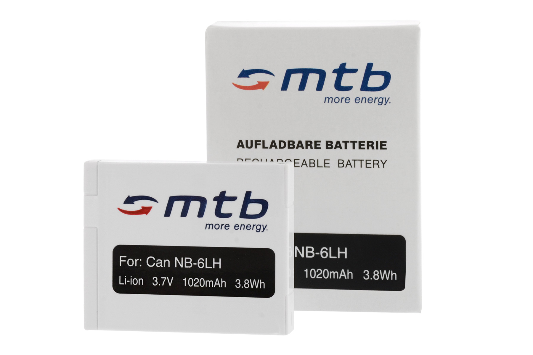 Zwei weiße Batterien und eine Box. Die Batterie: "For: Can NB-6LH Li-ion 3.7V 1020mAh 3.8Wh".