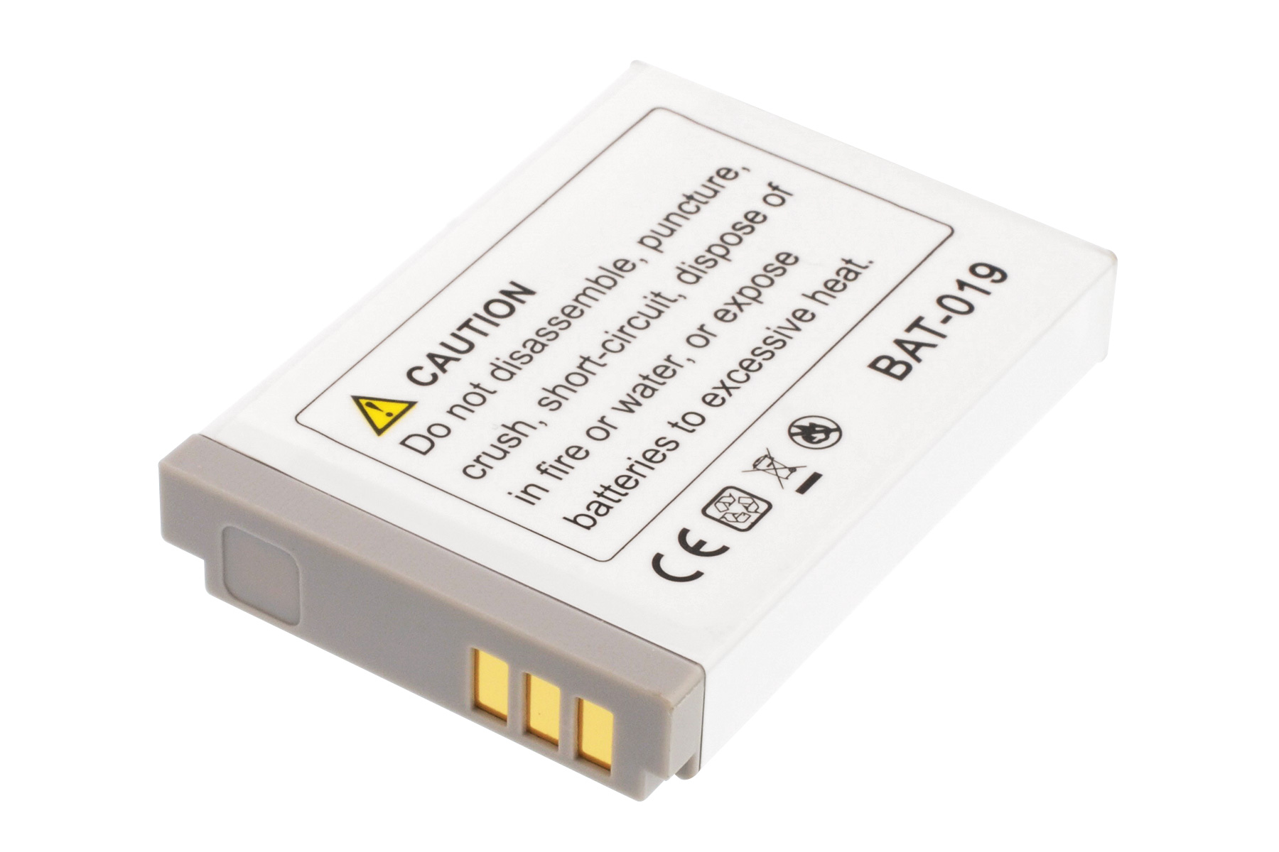 Weiße Batterie mit Text: 'CAUTION' und 'BAT-019'. Enthält ein Warnsymbol.