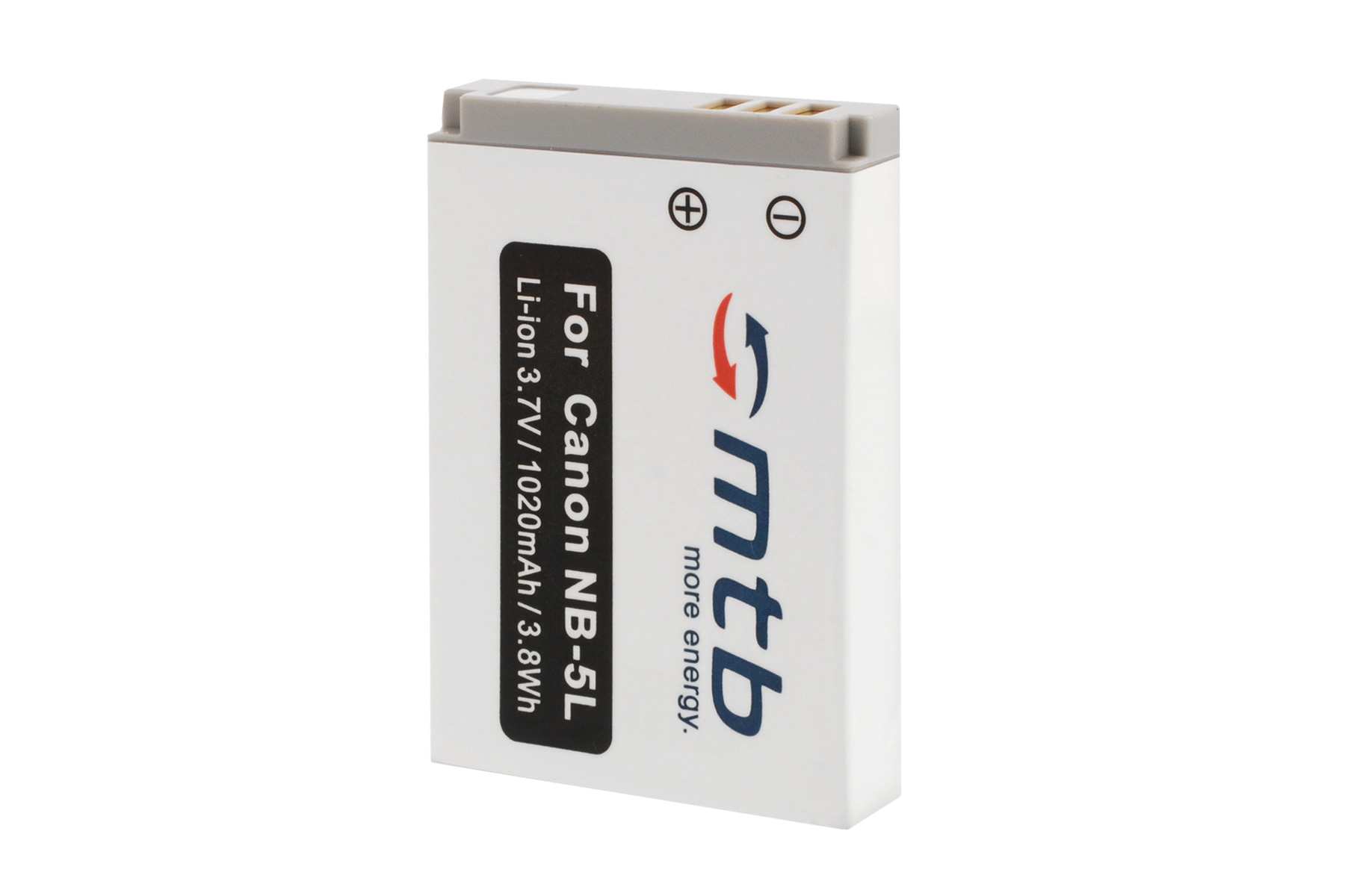 Eine weiße Batterie mit schwarzen Anschlüssen und Text, mit einem rot-blauen MTB-Logo.