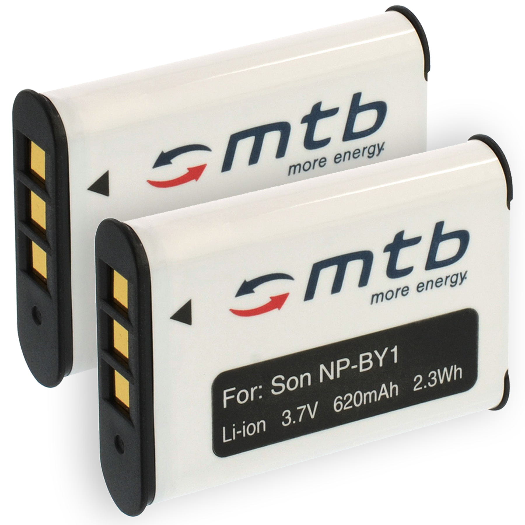 Zwei weiße Batterien mit der Aufschrift 'mtb more energy'. Jede hat einen schwarzen Anschluss und Pfeil.
