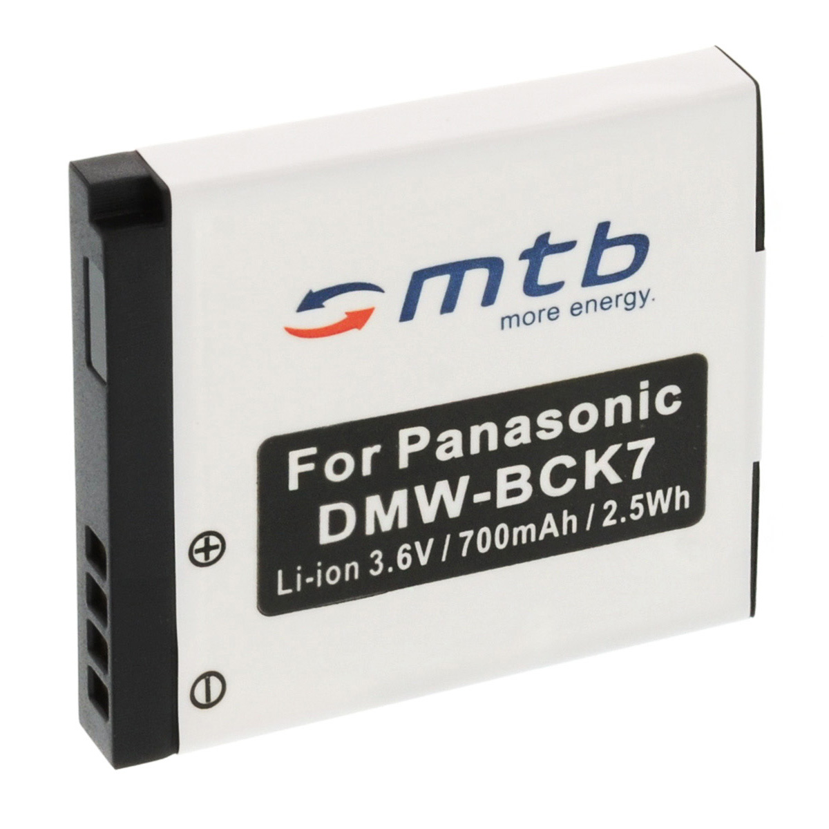 Weiße Batterie mit schwarzen Akzenten. Text: Für Panasonic DMW-BCK7, Li-ion 3,6 V/700 mAh/2,5 Wh. Plus- und Minuszeichen.