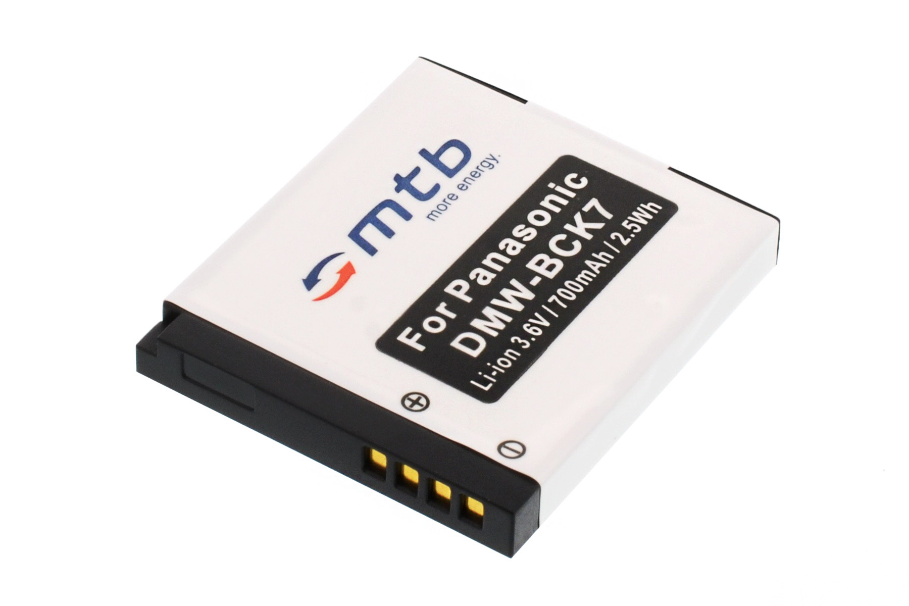 Weißer Akku mit schwarzem Etikett. Text enthält 'mtb more energy' und 'Für Panasonic DMW-BCK7 Li-ion 3,6V'.