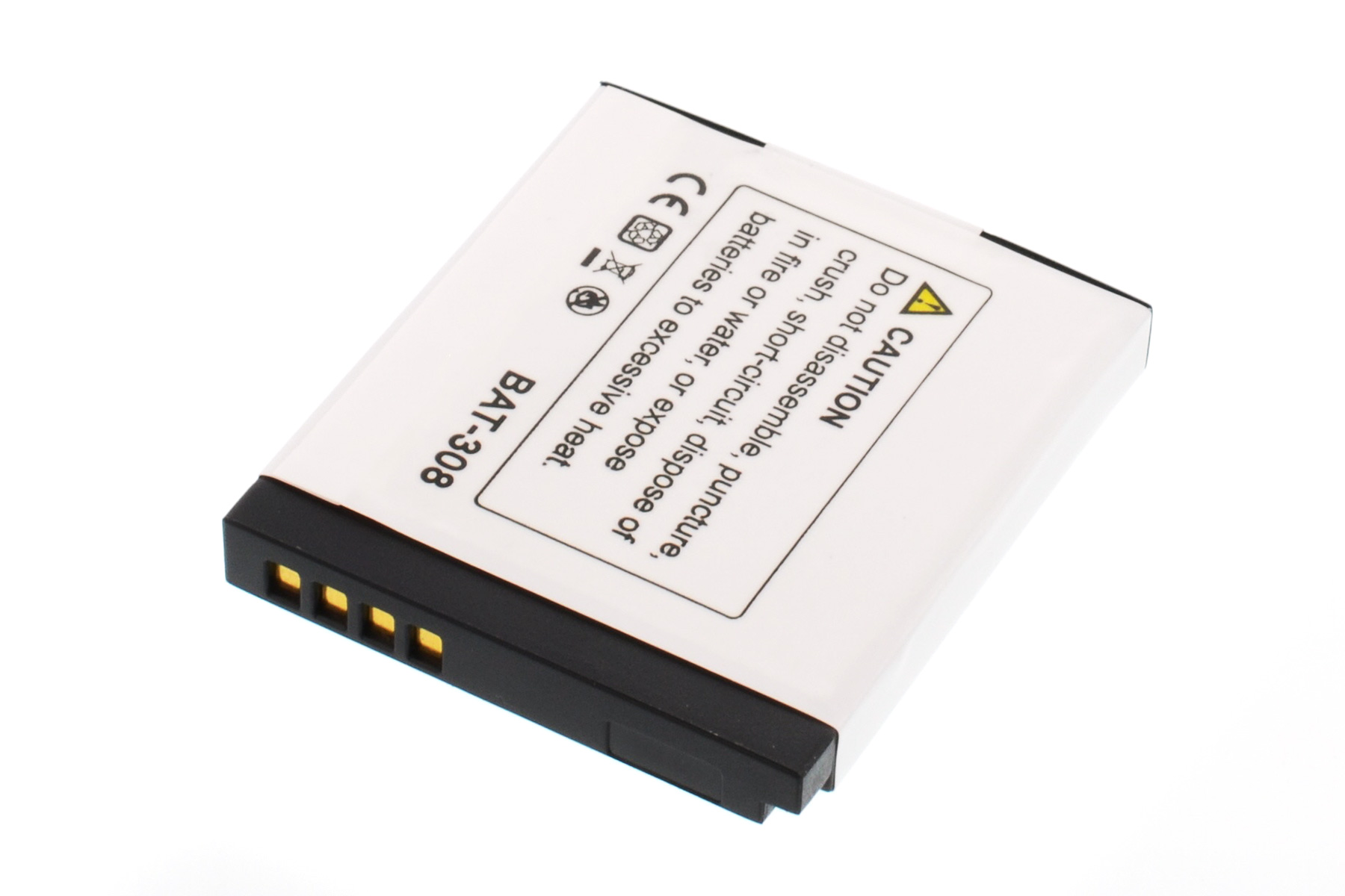 Eine weiße Batterie mit schwarzem Deckel und Warnhinweis.