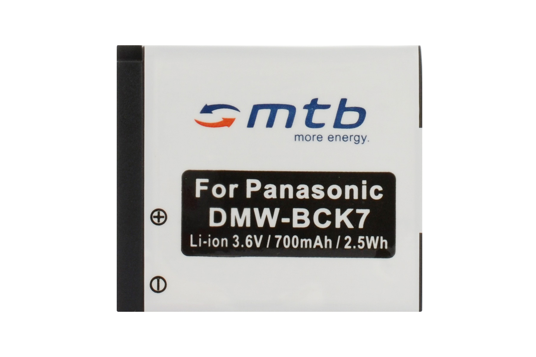 Weiße und schwarze Batterie mit Text. Die Marke ist 'mtb more energy'. Es steht 'For Panasonic DMW-BCK7'.