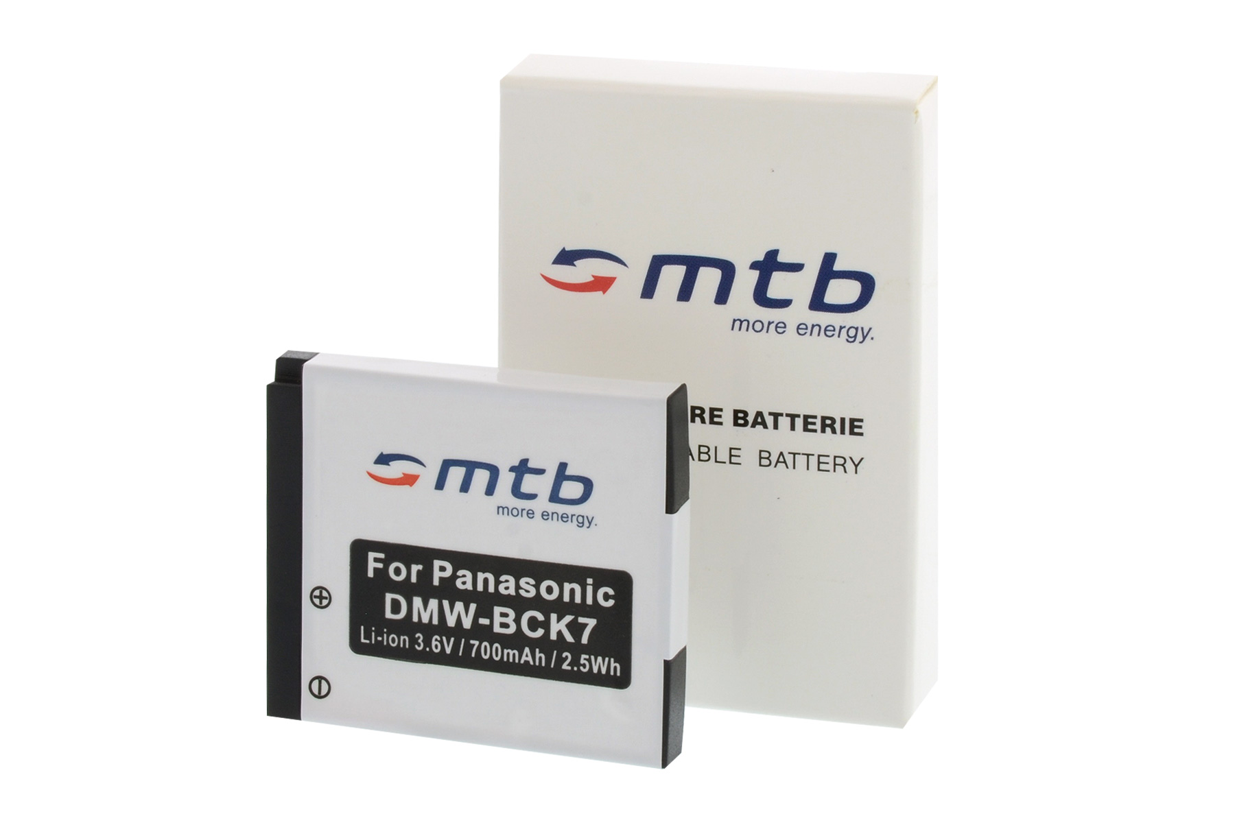 Eine Batterie mit weißem Karton. Die Batterie hat ein schwarzes Etikett und Text.