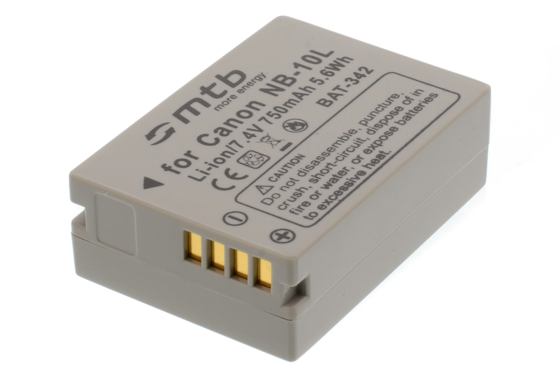 Graue MTB-Batterie, für Canon NB-10L, Li-ion 7,4V 750mAh 5,6Wh mit Warnhinweisen.