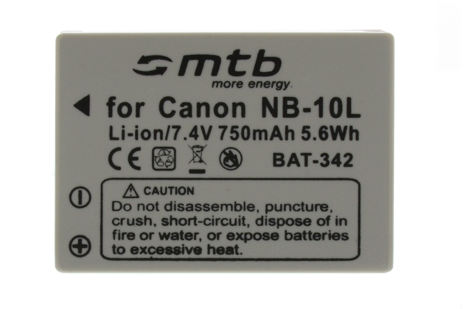 Weiße Batterie mit schwarzem Text, Warnhinweis und weißem Hintergrund.